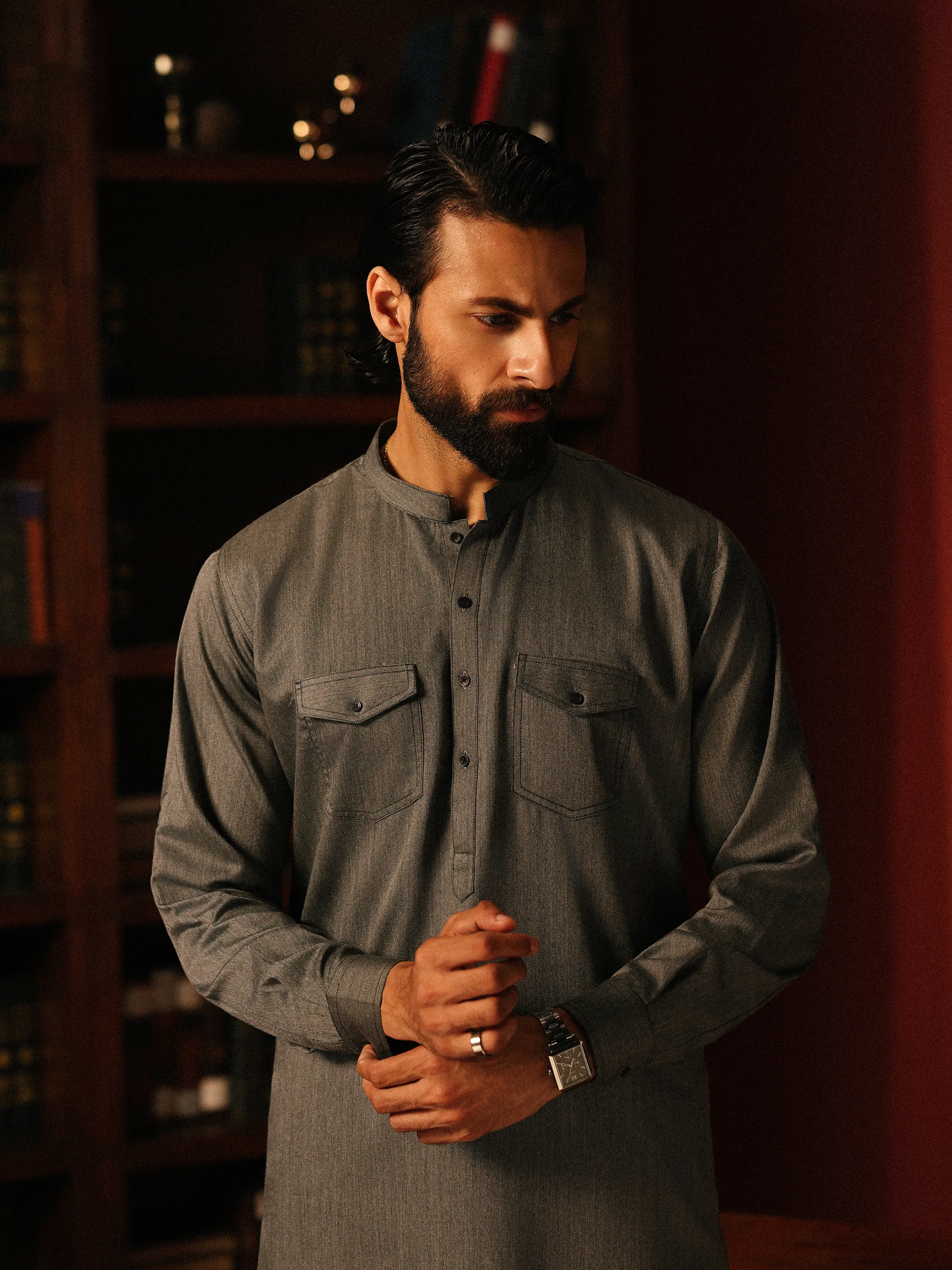 Men's Grey Shalwar Kameez - EMTKST5-99621 - Image 2