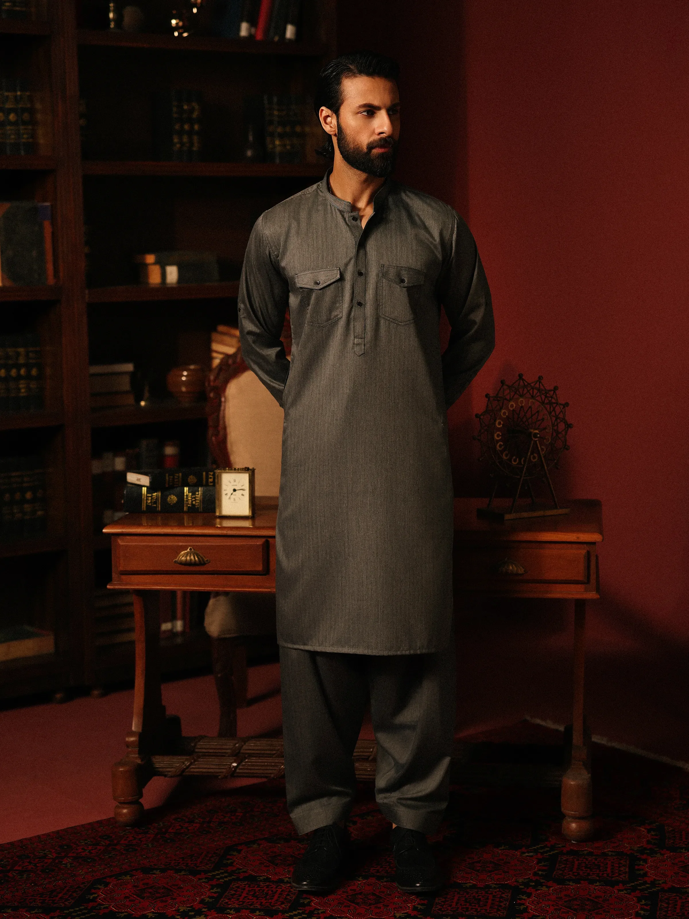 Men's Grey Shalwar Kameez - EMTKST5-99621 - Image 3