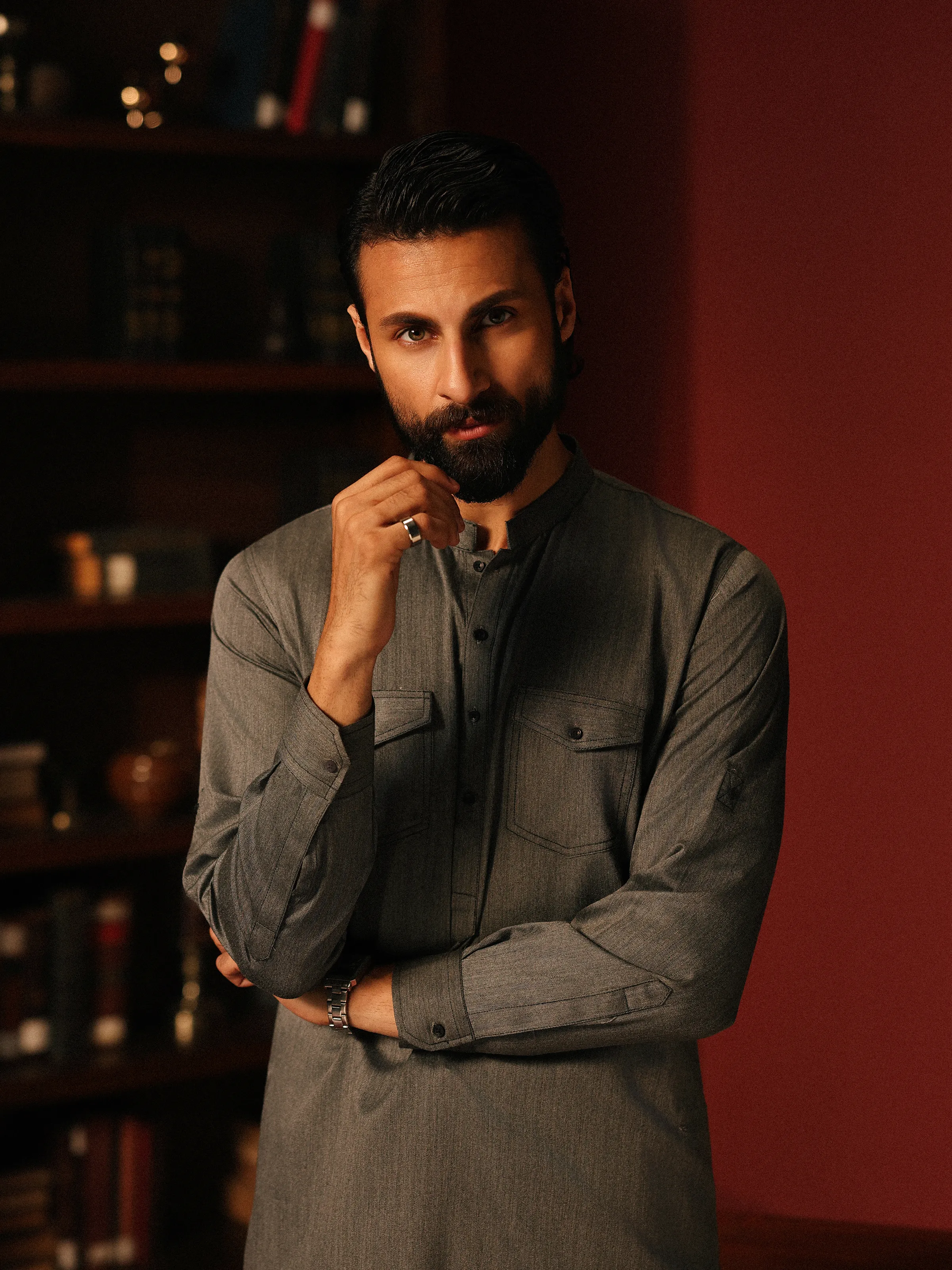 Men's Grey Shalwar Kameez - EMTKST5-99621 - Image 4