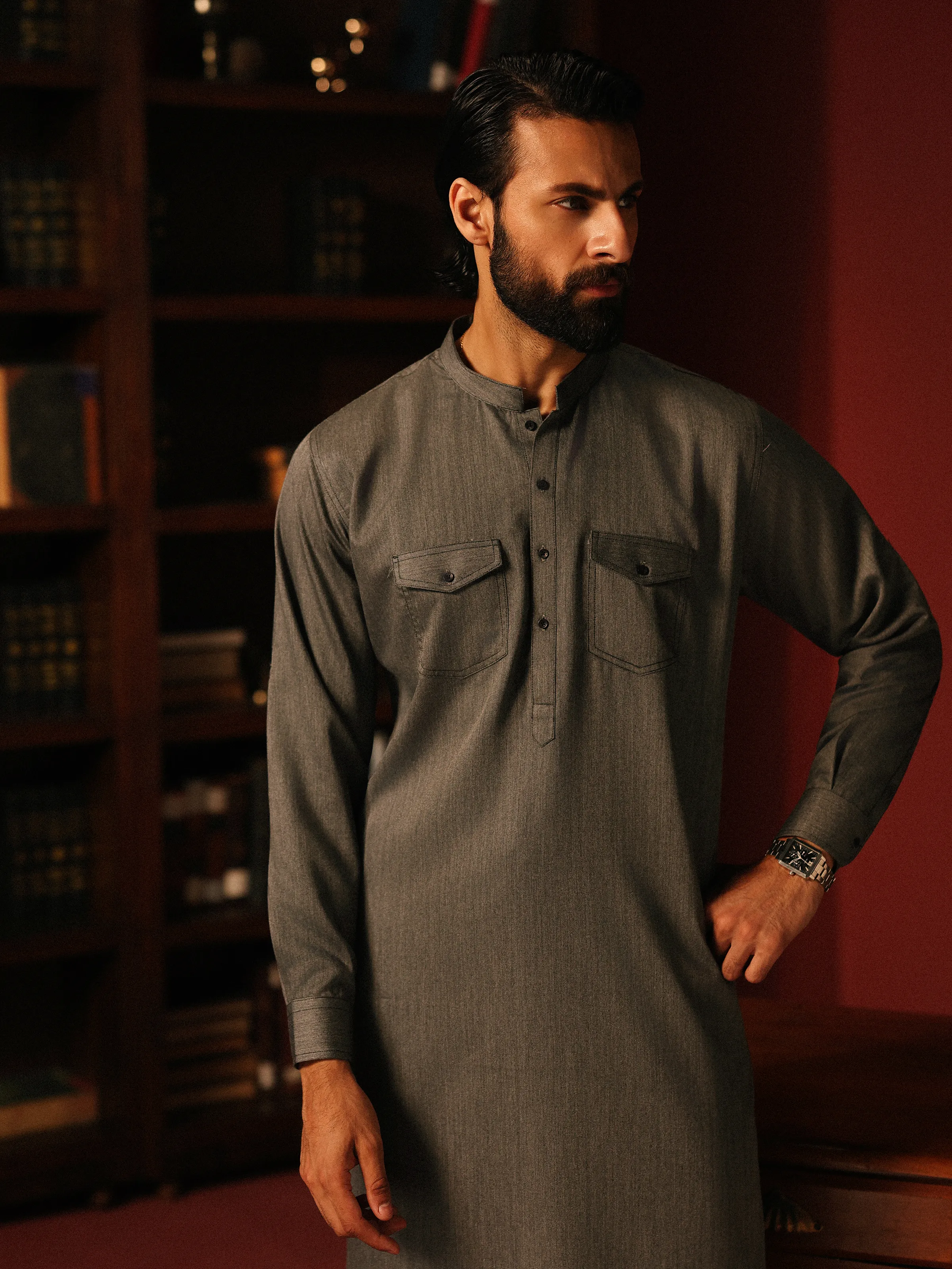 Men's Grey Shalwar Kameez - EMTKST5-99621 - Image 5