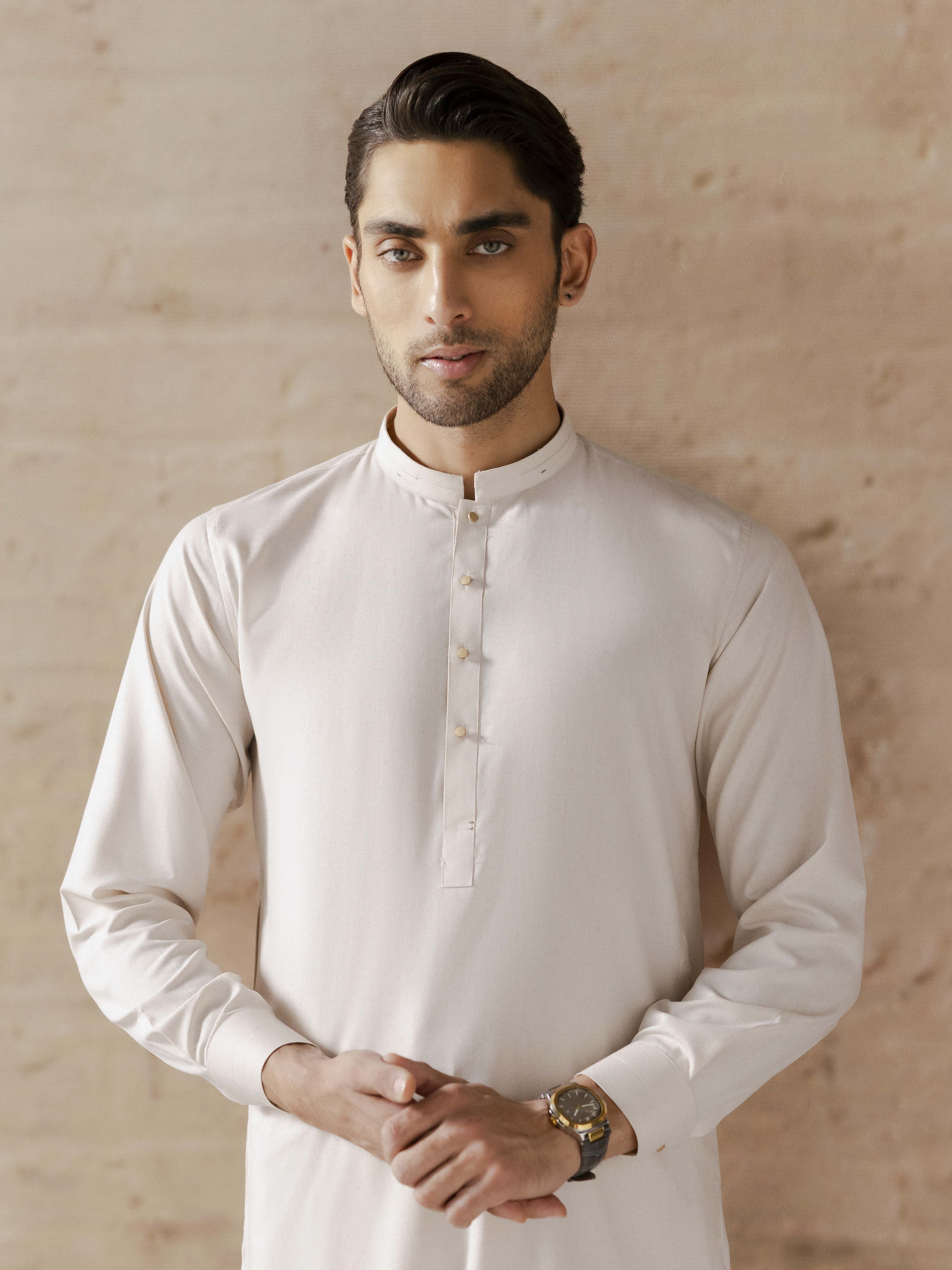 Men's Light Beige Shalwar Kameez - EMTKST5-99579 - Image 2