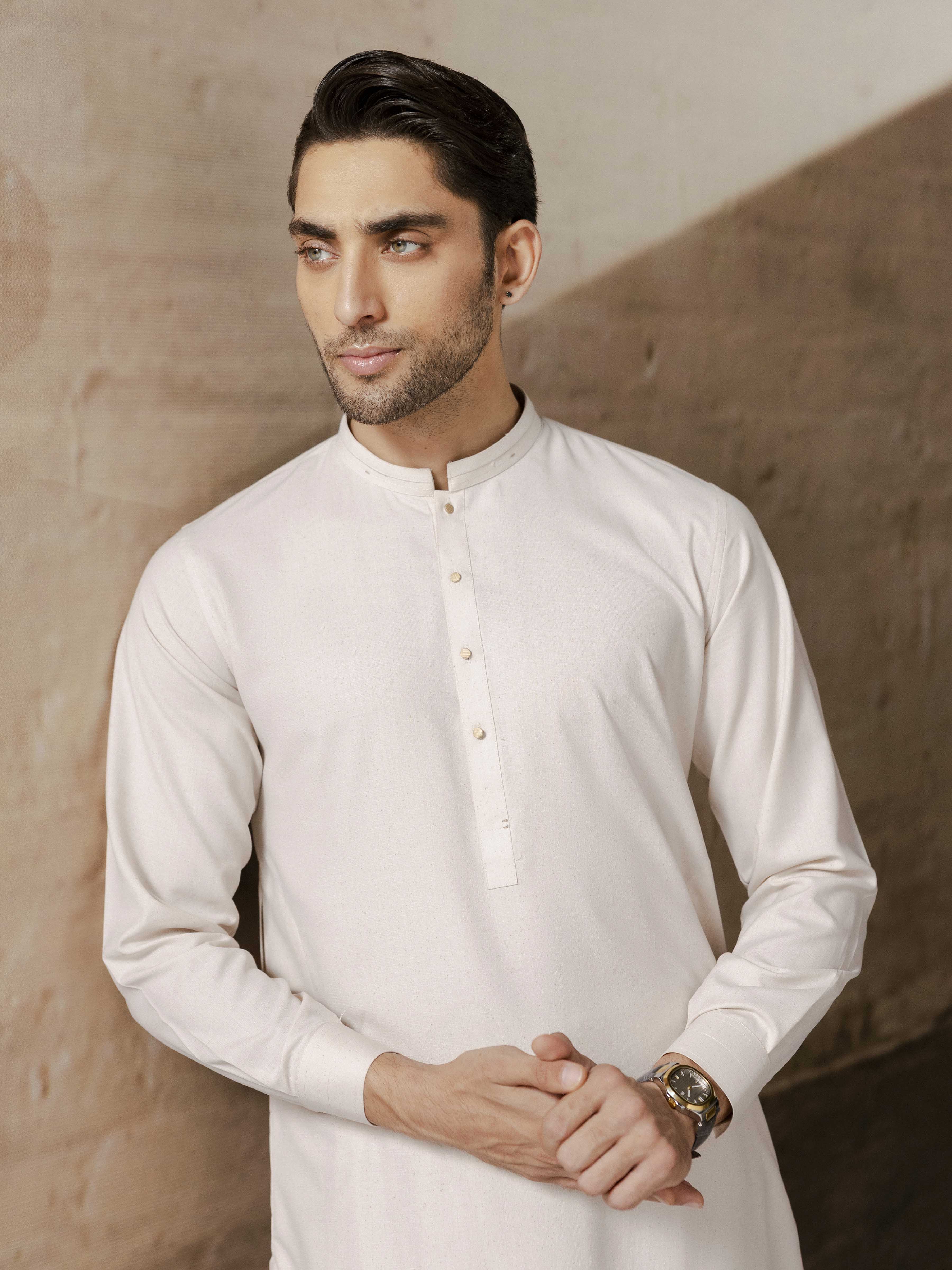 Men's Light Beige Shalwar Kameez - EMTKST5-99579 - Image 4