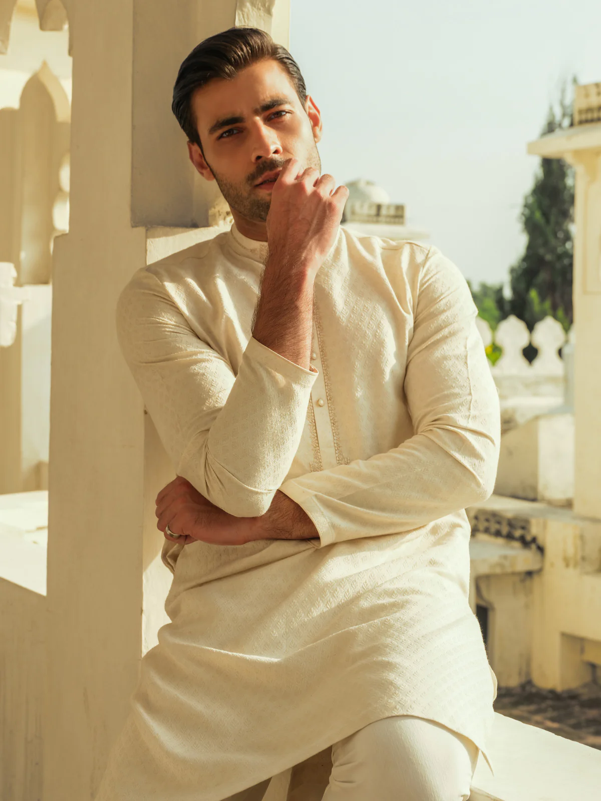 Men's Light Cream Kurta - EMTKC23-111 - Image 3