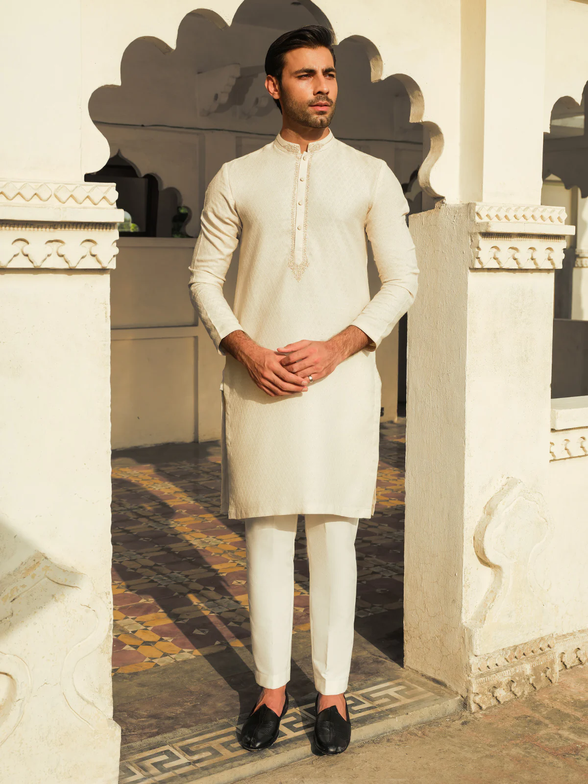 Men's Light Cream Kurta - EMTKC23-111 - Image 4