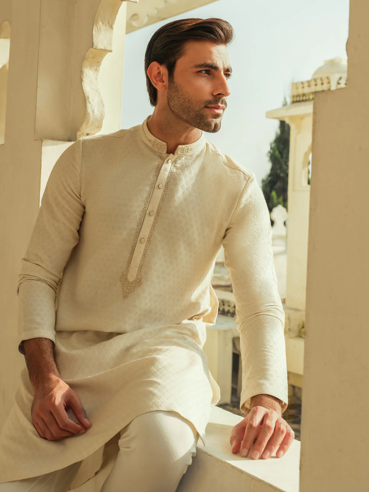Men's Light Cream Kurta - EMTKC23-111 - Image 5