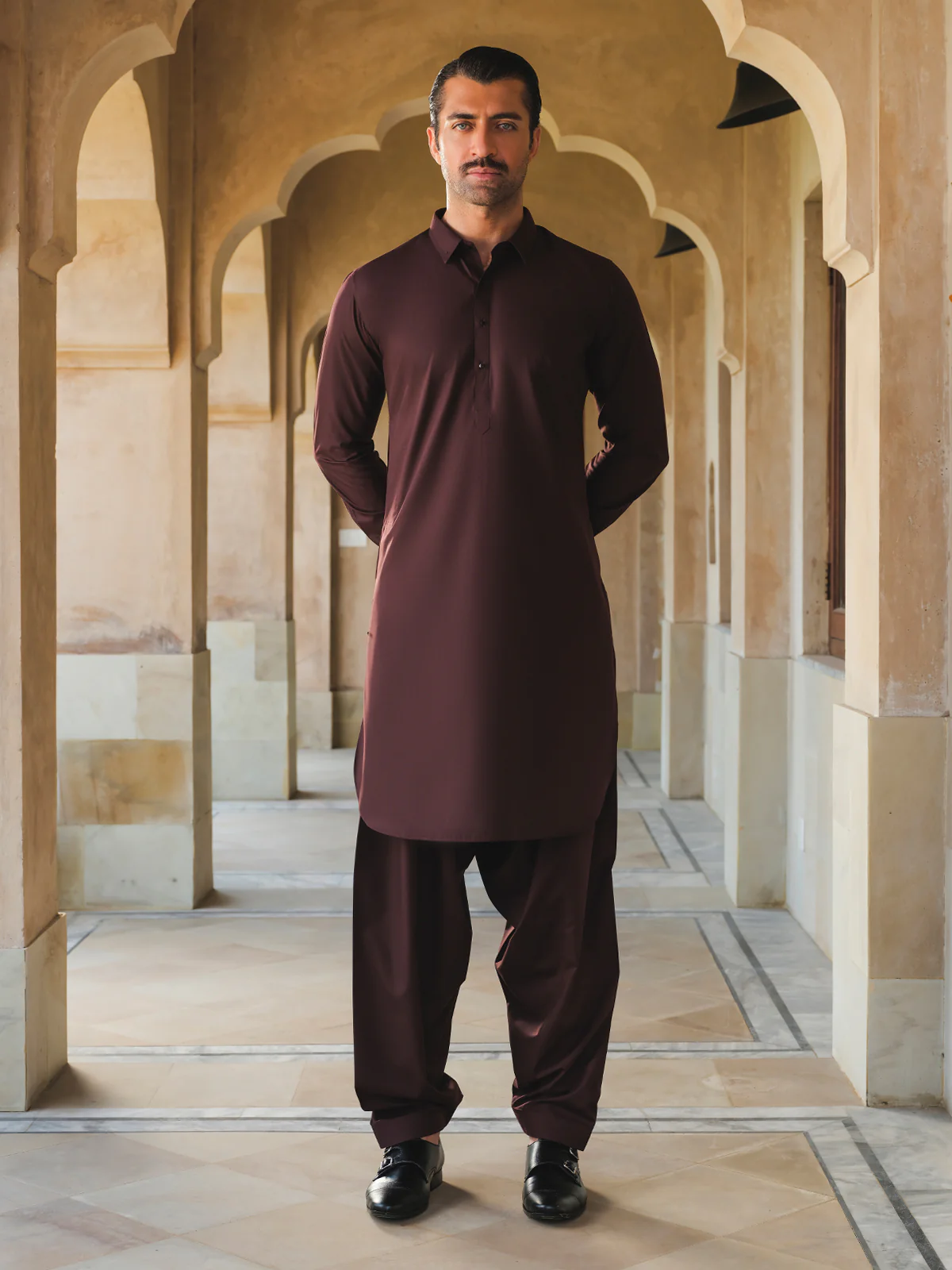 Men's Maroon Shalwar Kameez - EMTKS24S-41119 - Image 2