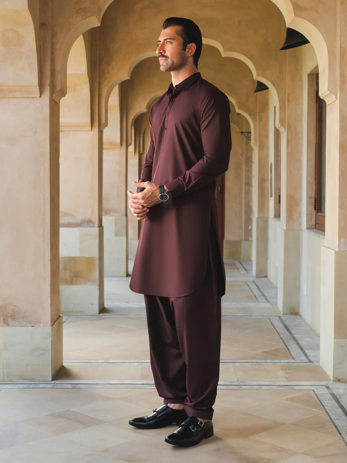 Men's Maroon Shalwar Kameez - EMTKS24S-41119 - Image 3