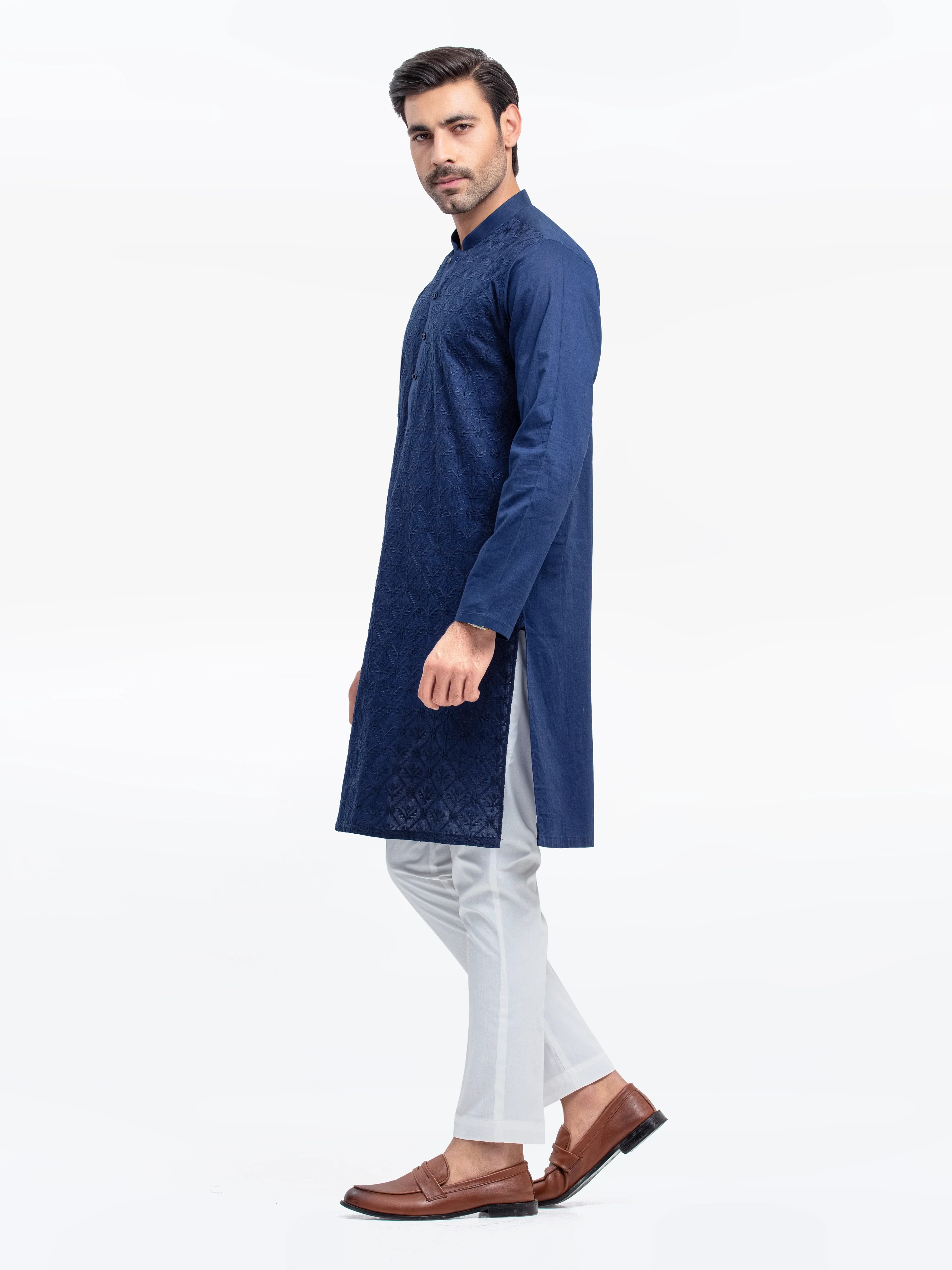 Men's Navy Blue Kurta - EMTK25-99496 - Image 4