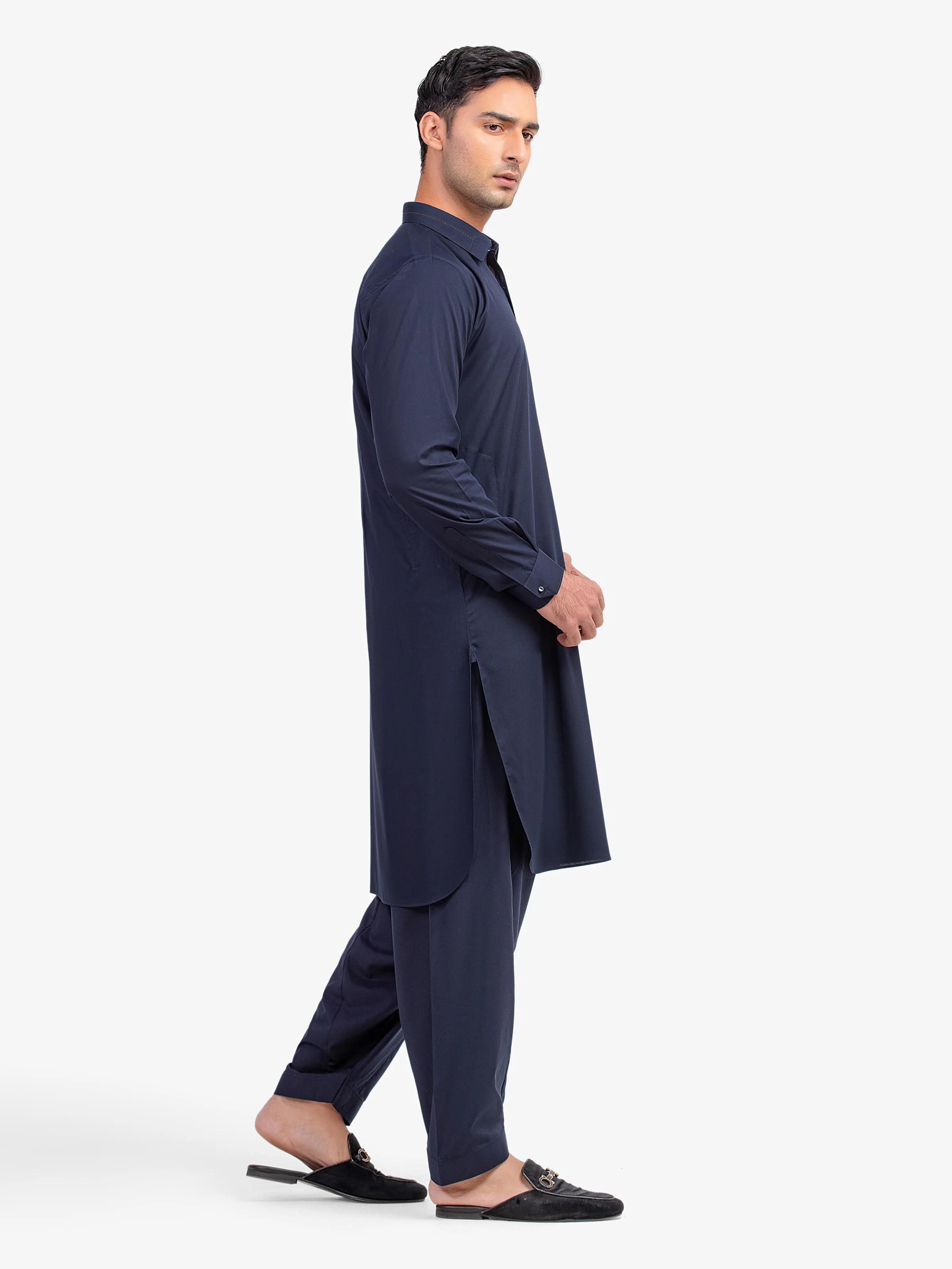 Men's Navy Blue Shalwar Kameez - EMTKST5-99586 - Image 4