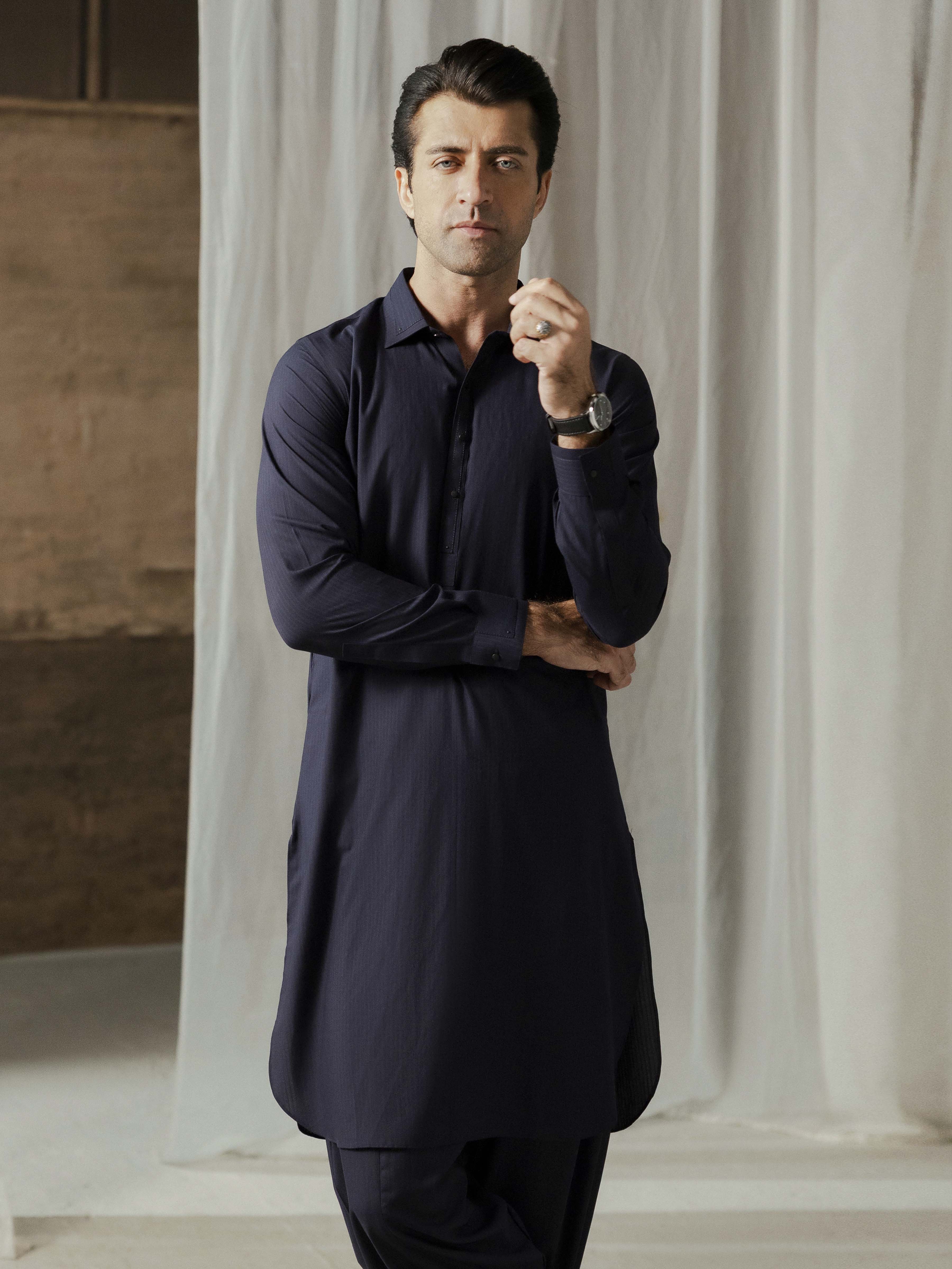Men's Navy Blue Shalwar Kameez - EMTKST5-99596