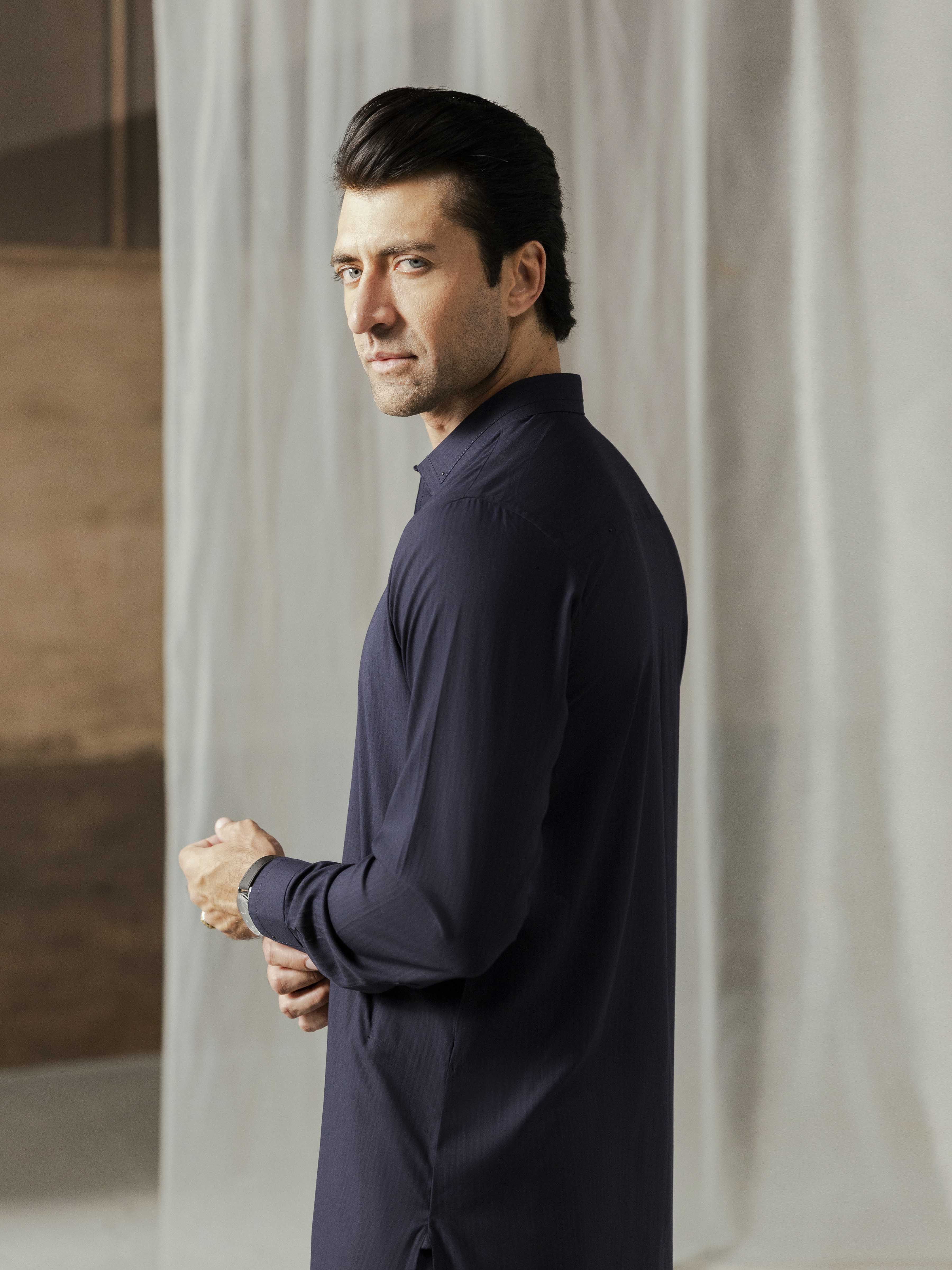 Men's Navy Blue Shalwar Kameez - EMTKST5-99596 - Image 3
