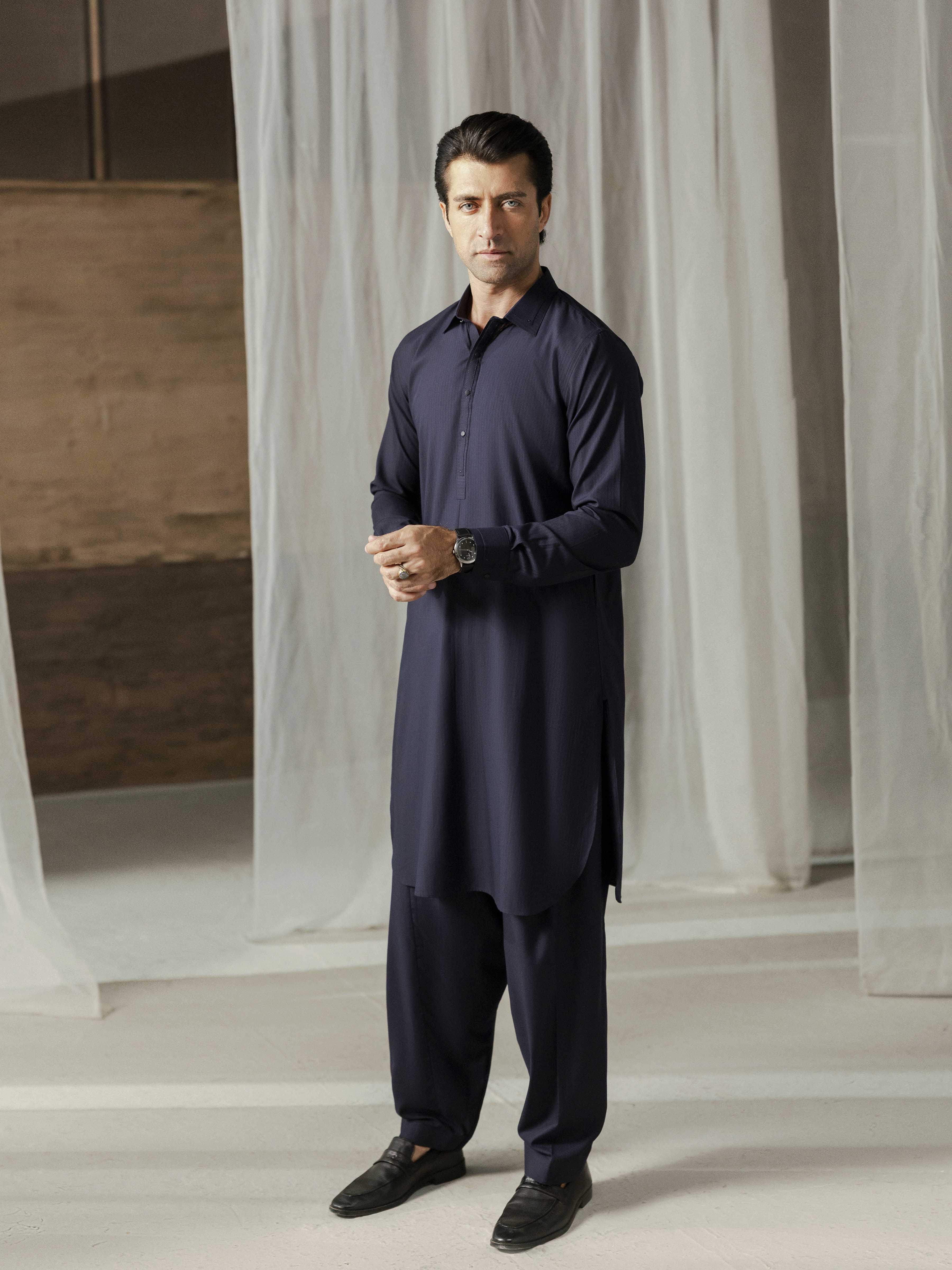 Men's Navy Blue Shalwar Kameez - EMTKST5-99596 - Image 4