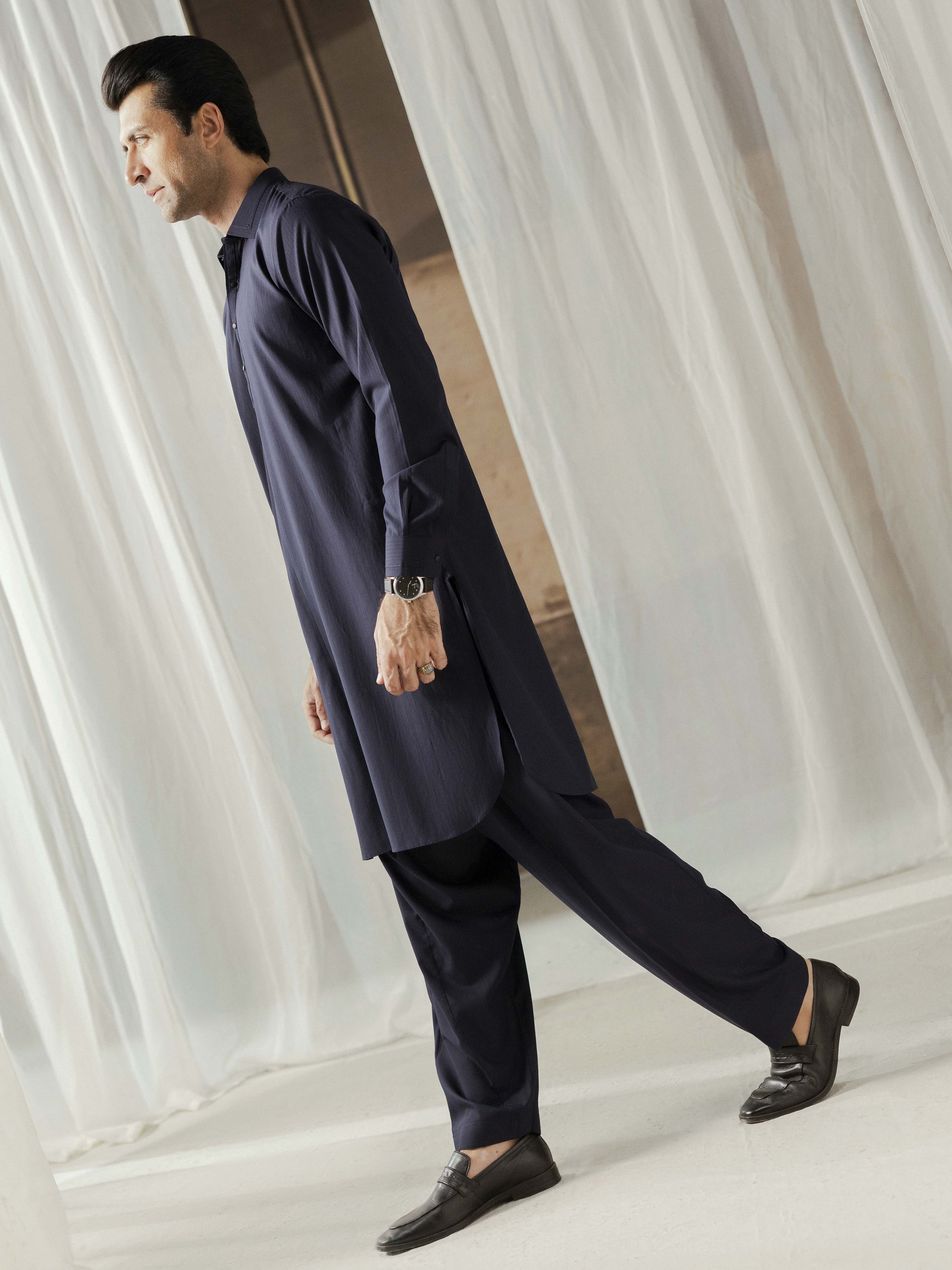 Men's Navy Blue Shalwar Kameez - EMTKST5-99596 - Image 5