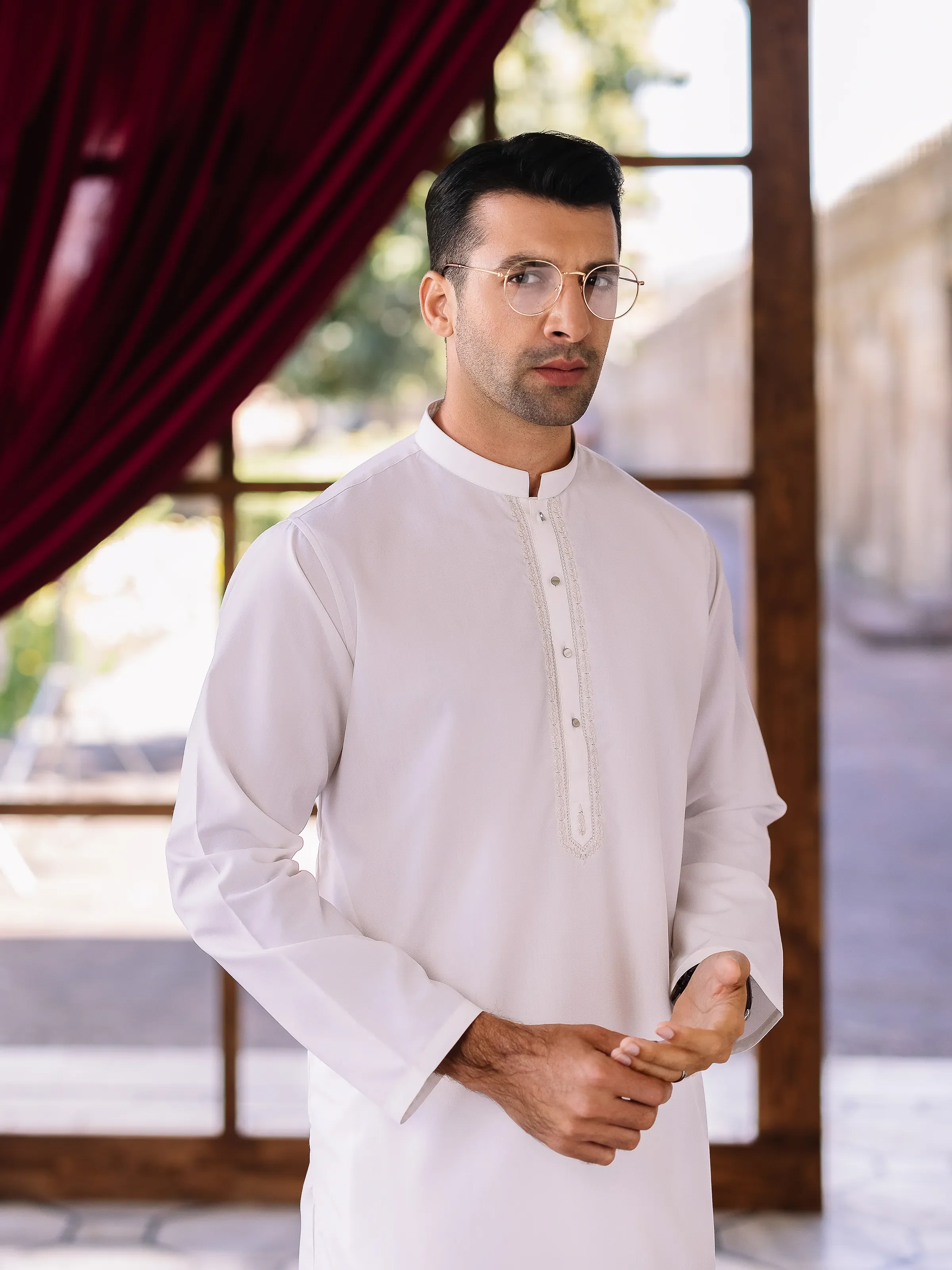 Men's Off White Shalwar Kameez - EMTKS5-41161 - Image 5