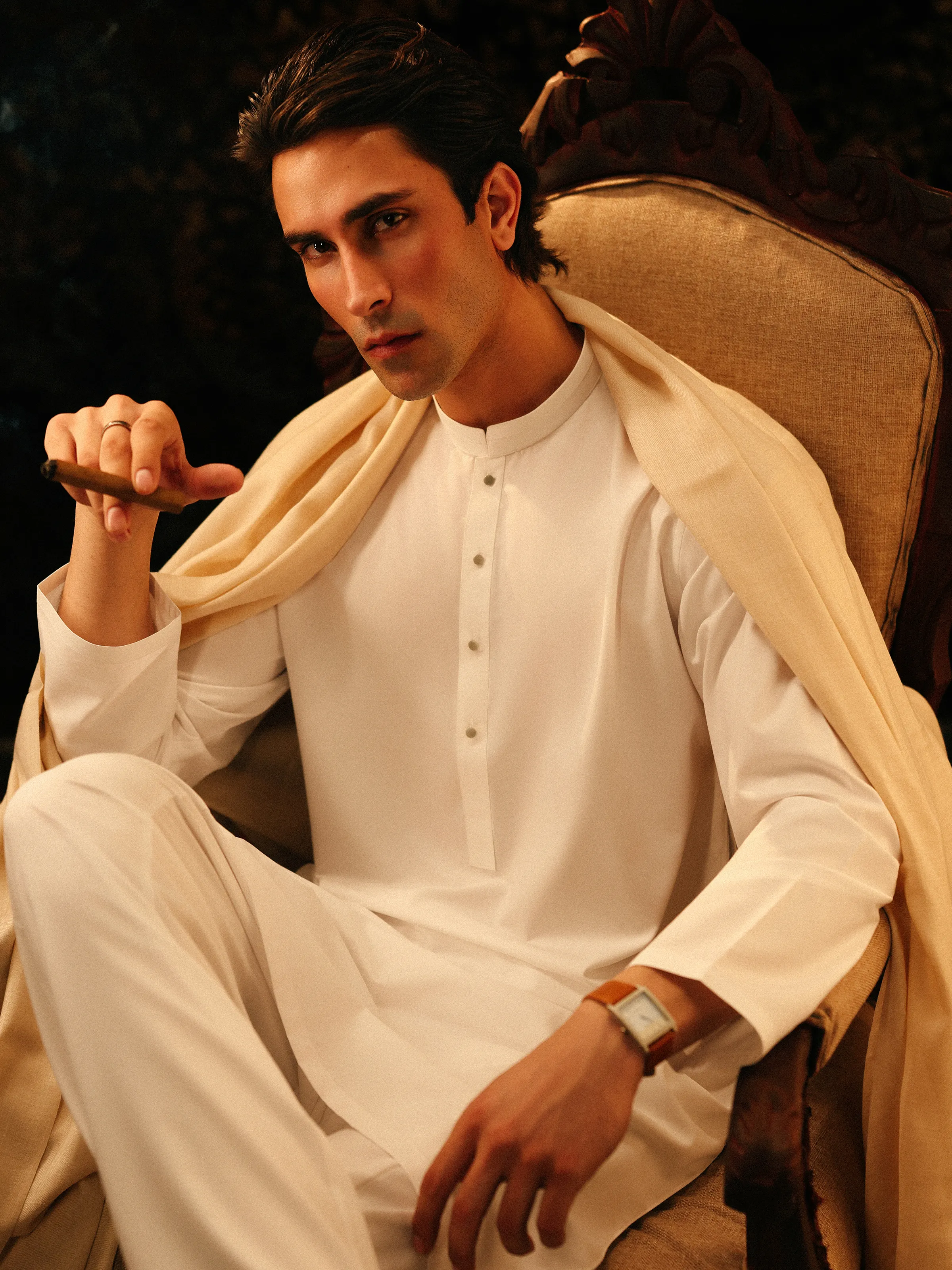 Men's Off White Shalwar Kameez - EMTKS5-41185 - Image 5