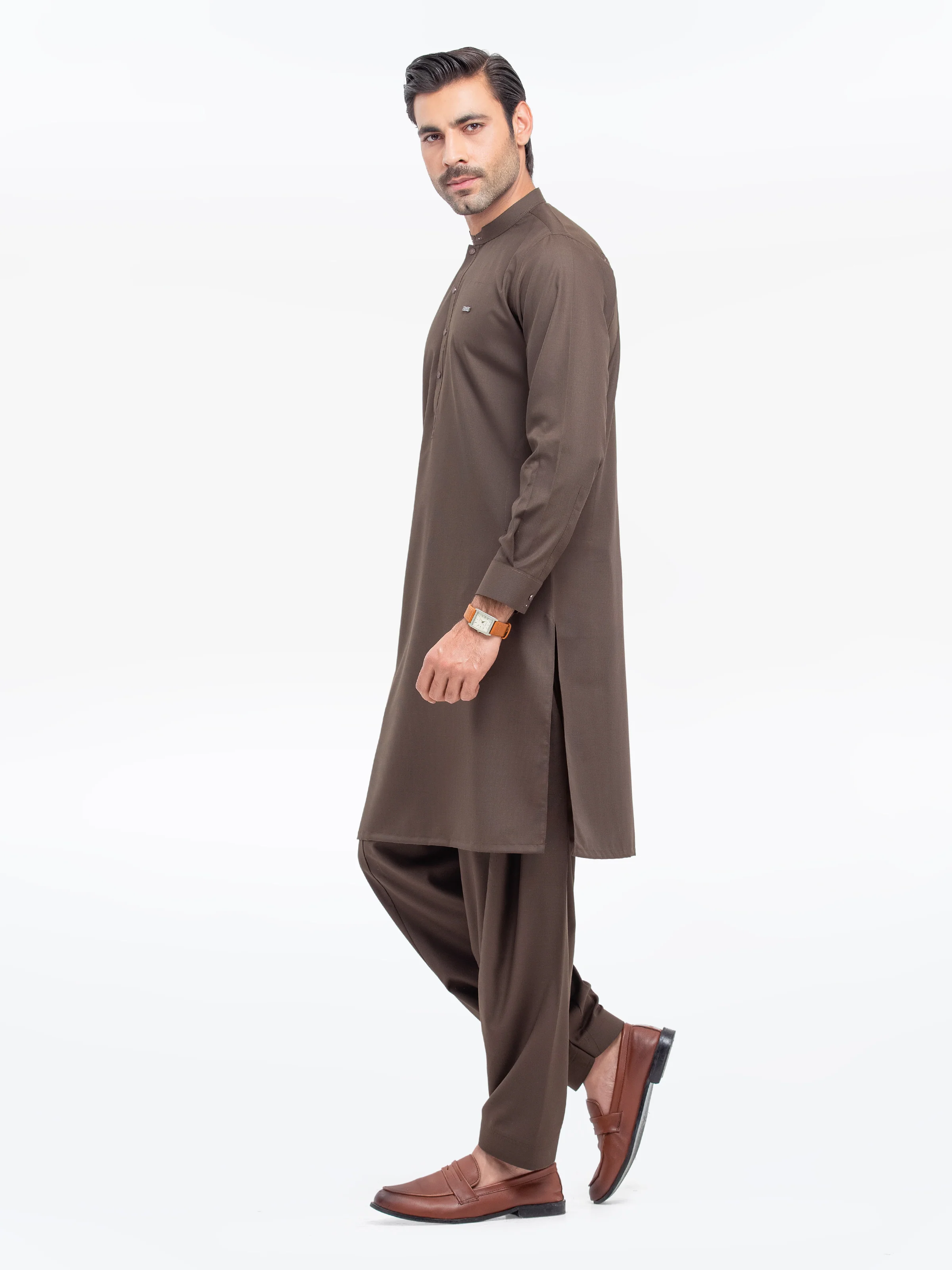 Men's Olive Brown Shalwar Kameez - EMTKST5-99521 - Image 5