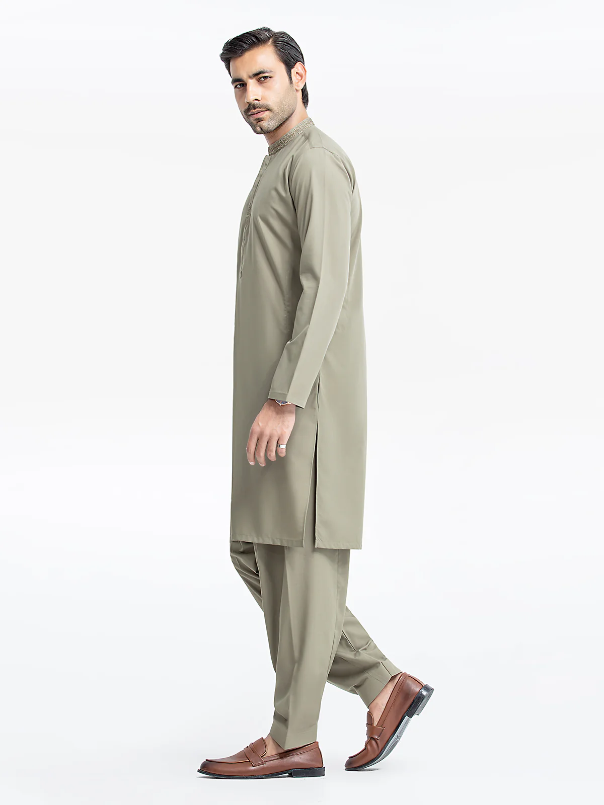 Men's Olive Green Shalwar Kameez - EMTKS24-41097 - Image 4