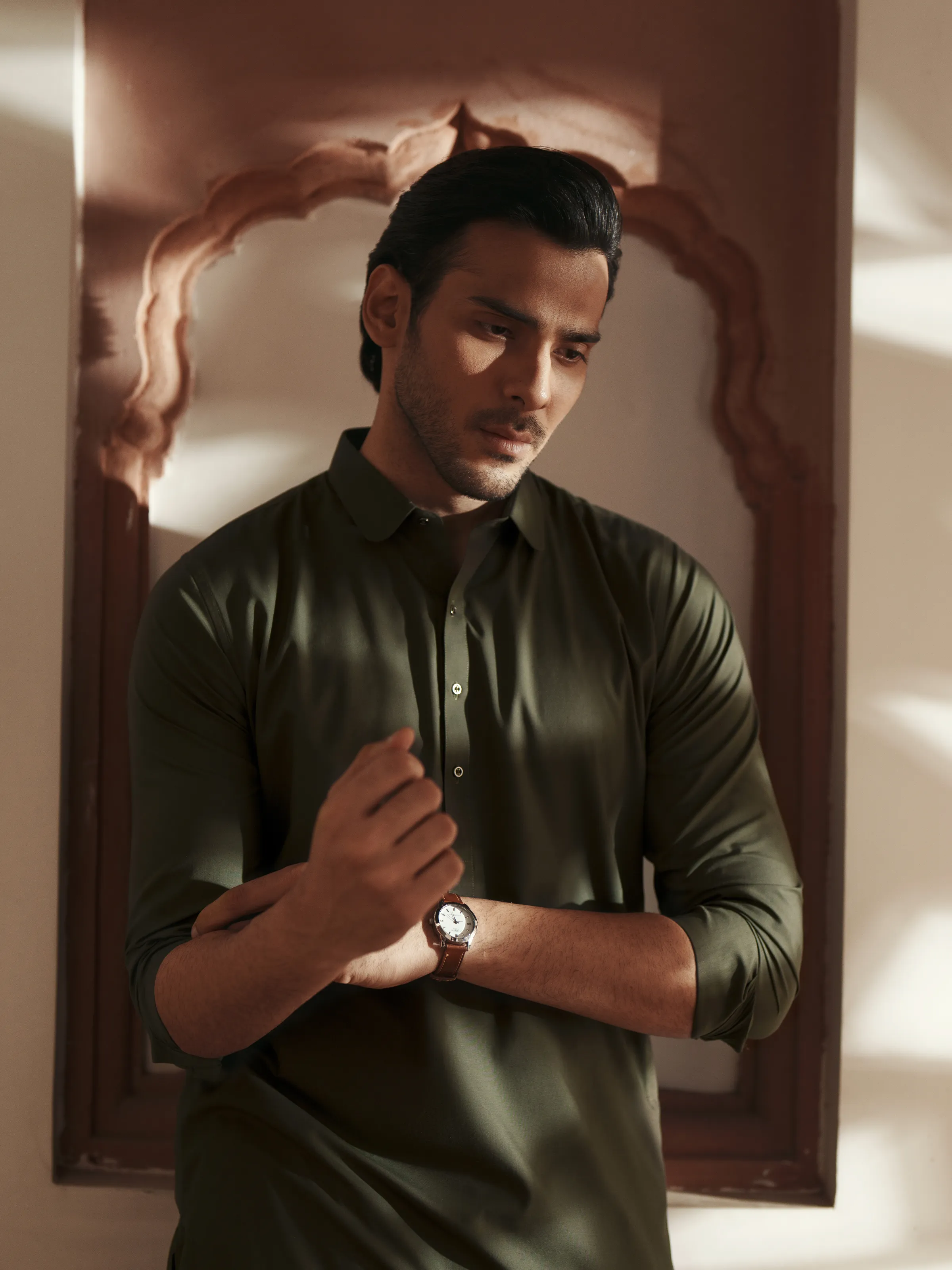 Men's Olive Green Shalwar Kameez - EMTKST5-99632 - Image 2