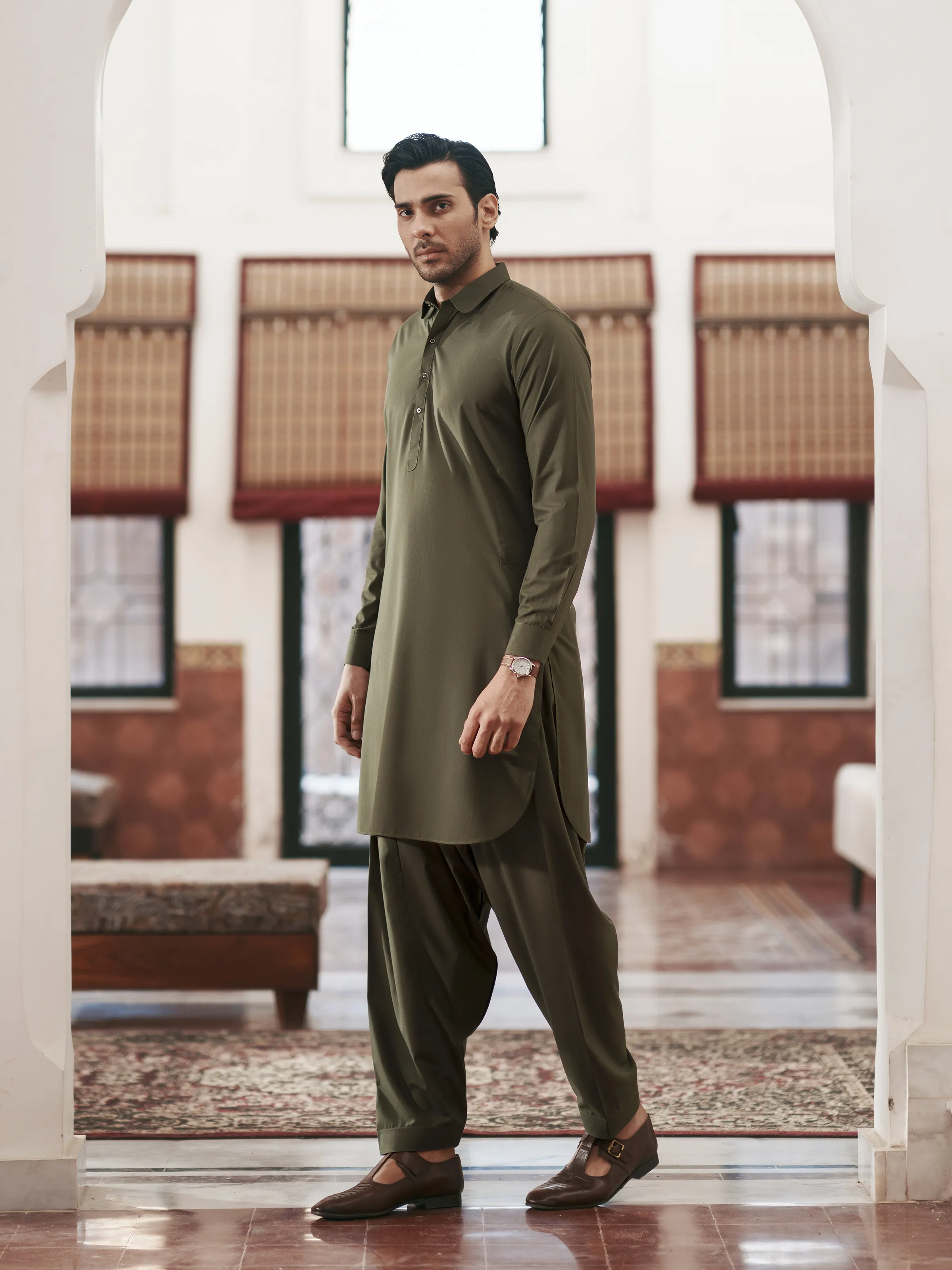 Men's Olive Green Shalwar Kameez - EMTKST5-99632 - Image 5