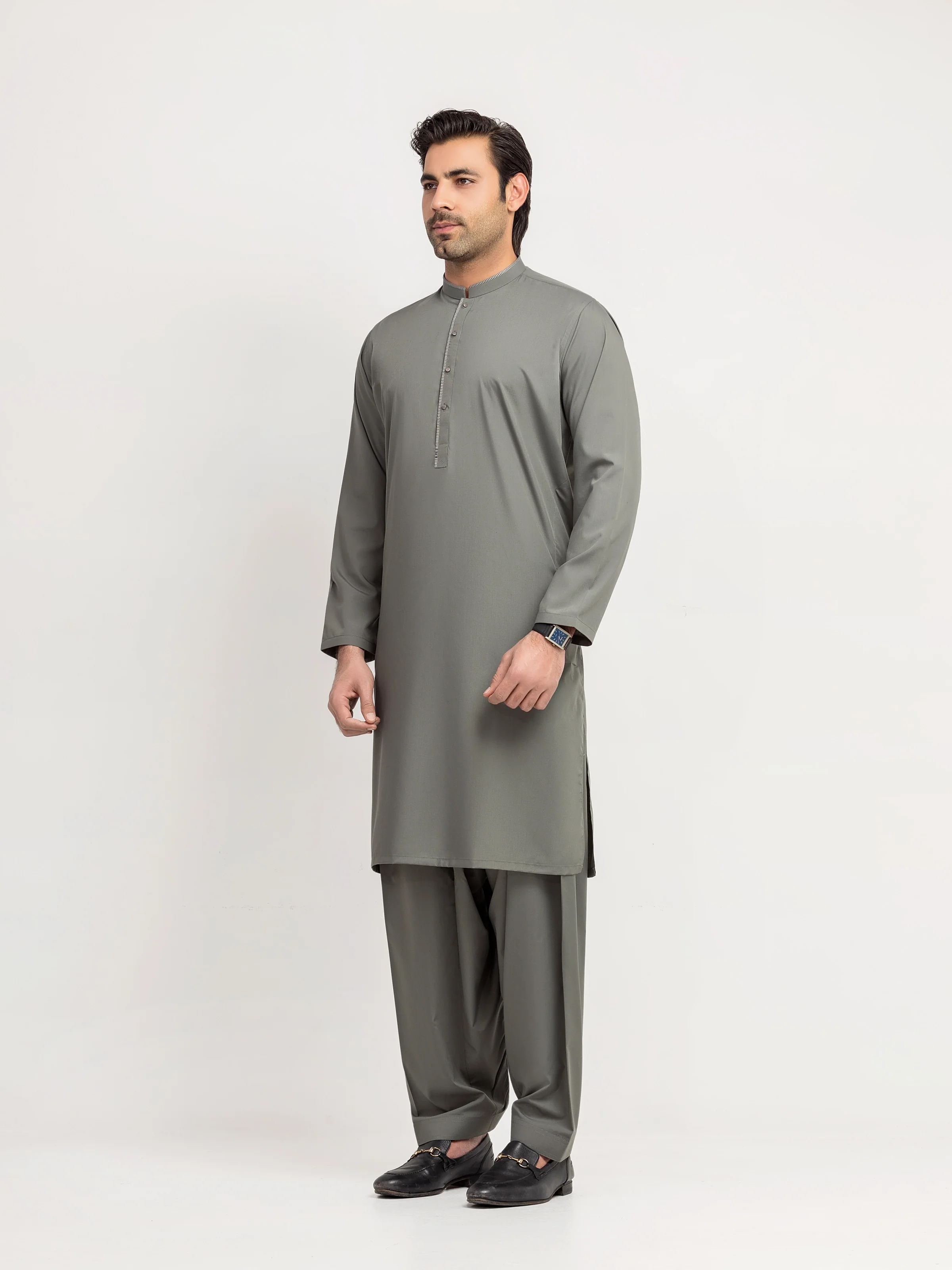 Men's Sage Green Shalwar Kameez - EMTKS5-41192 - Image 4