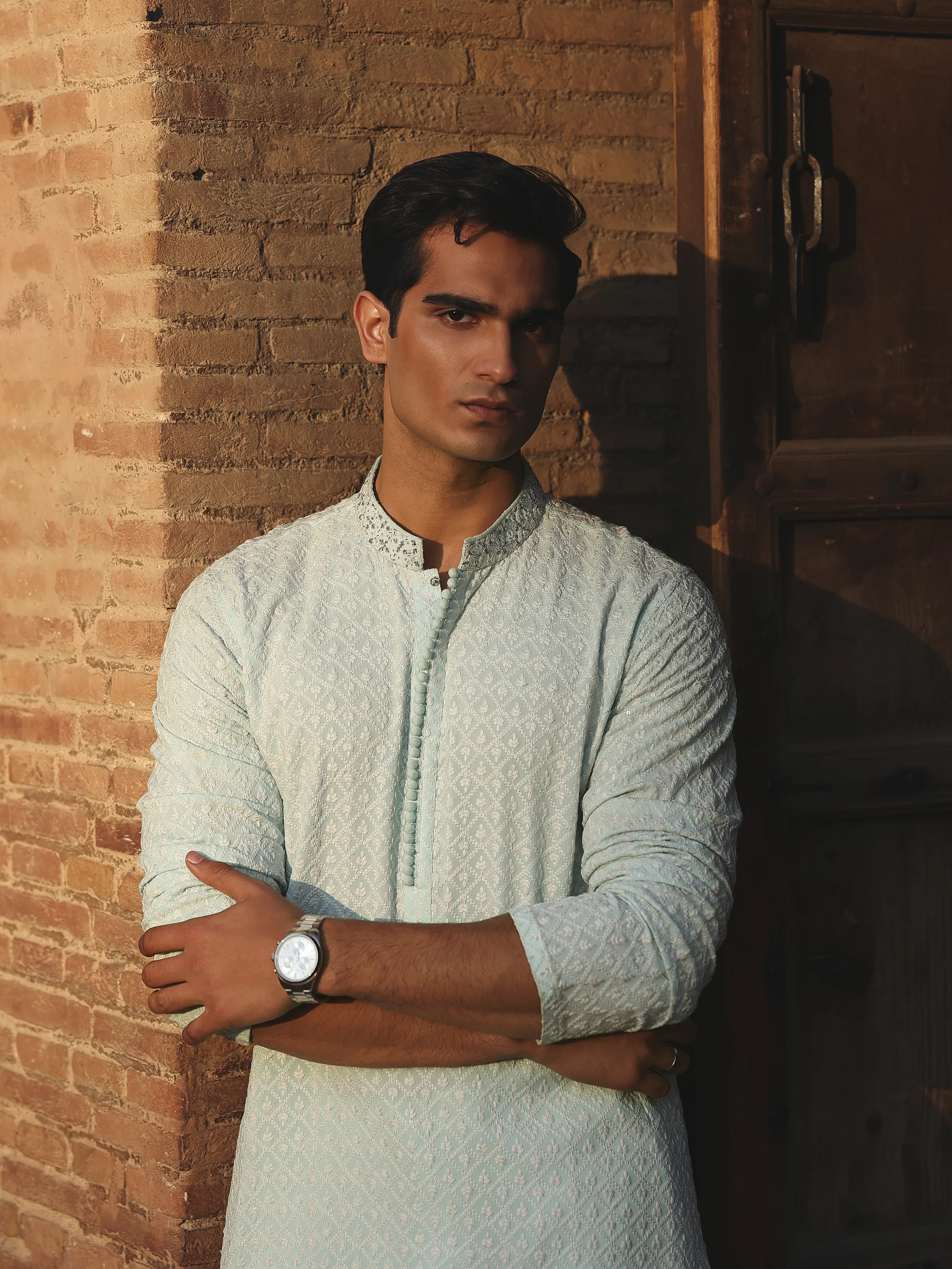 Men's Sky Blue Kurta Pajama - ECMTKP5-010 - Image 2