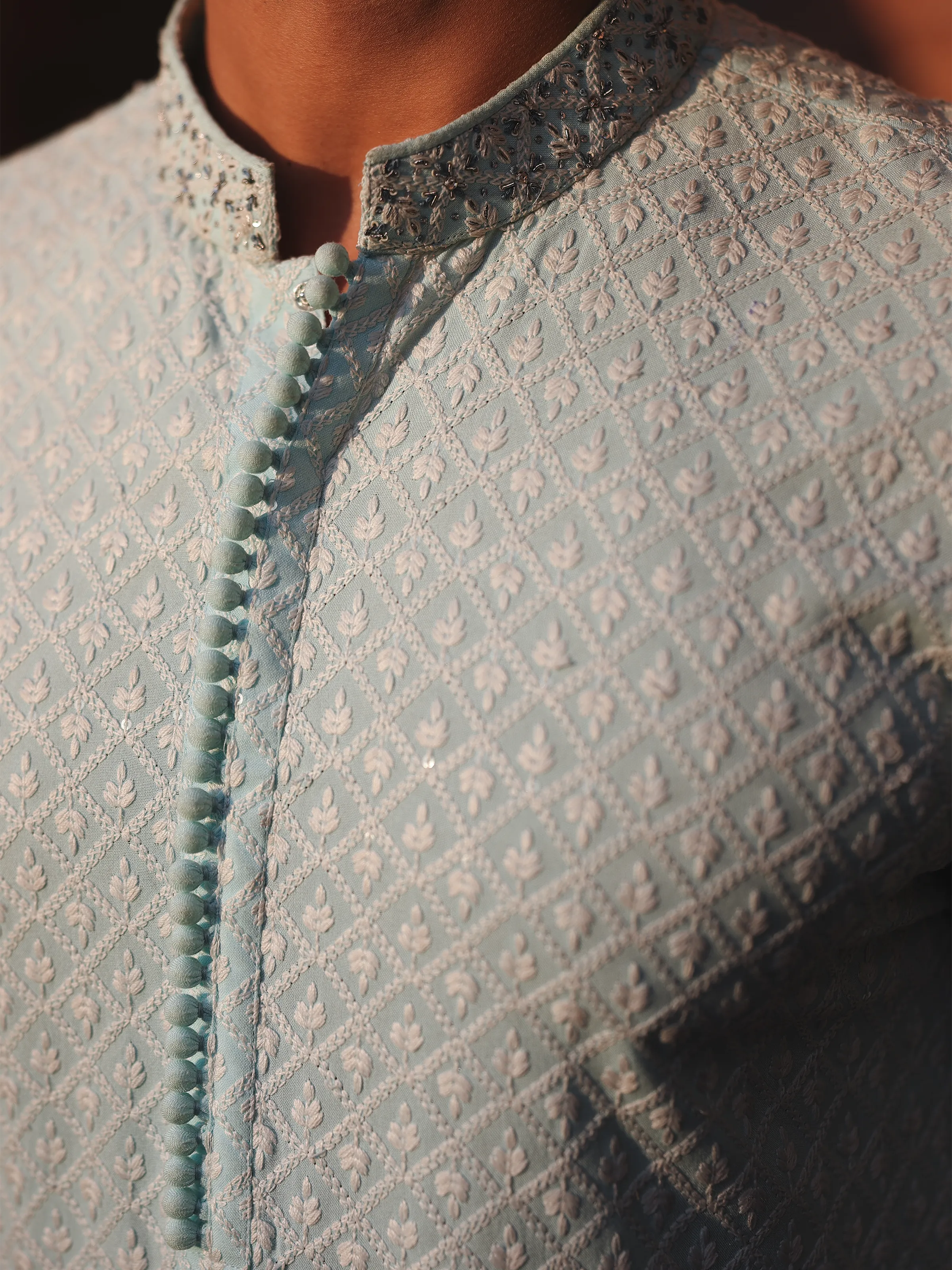 Men's Sky Blue Kurta Pajama - ECMTKP5-010 - Image 3