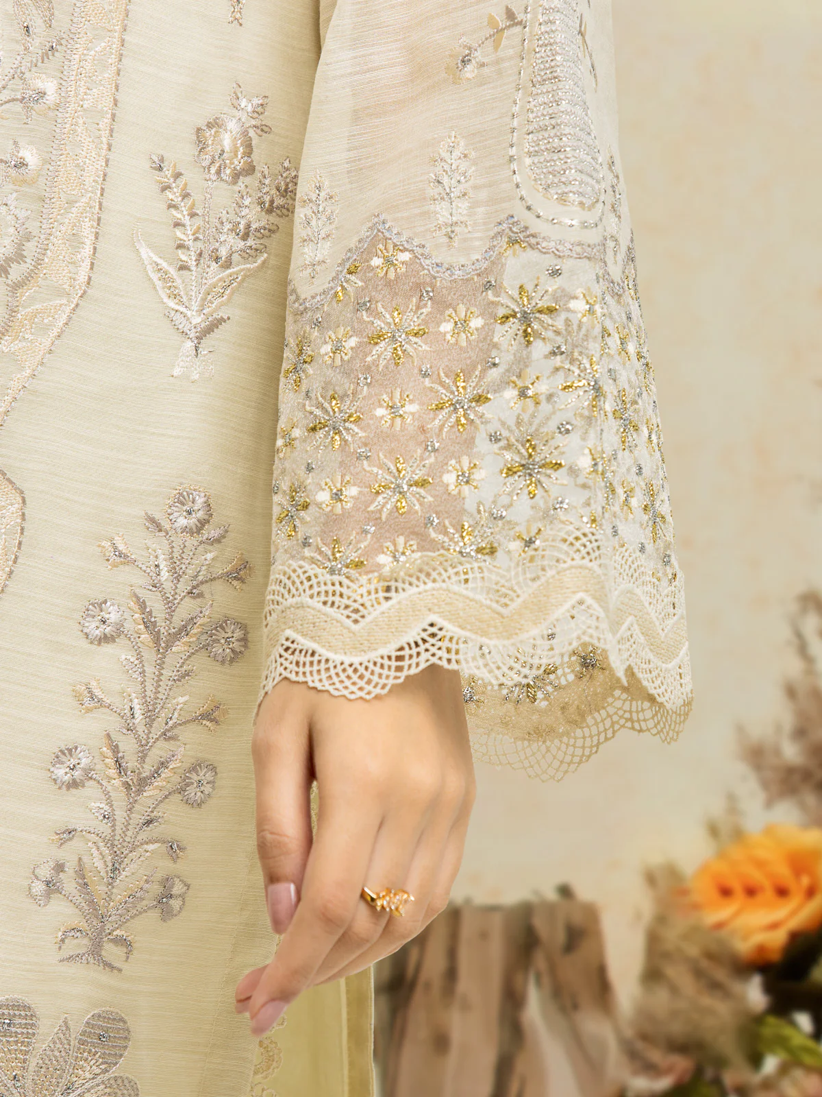 Unstitched Embroidered Chanderi Shirt Trouser - EWU24V6-28737ST - Image 4