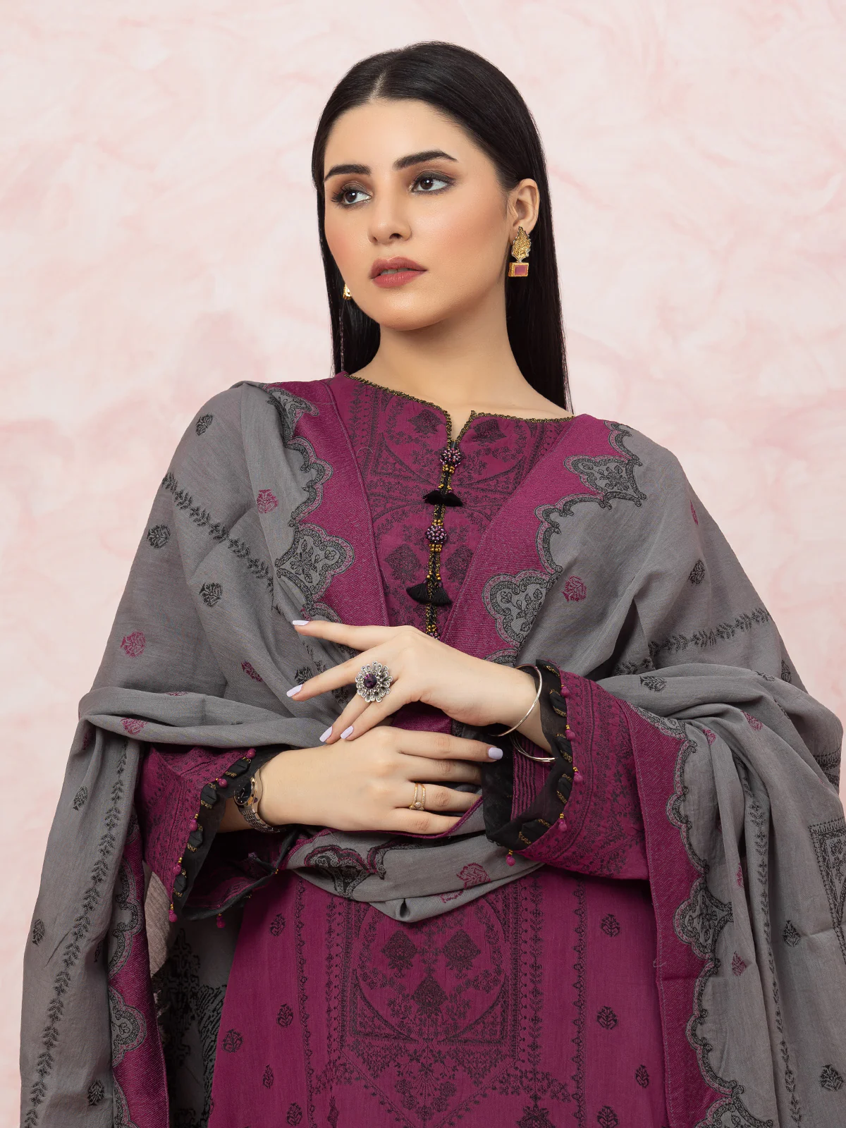 Unstitched Embroidered Jacquard Shirt Dupatta - EWU24V3-26620SD - Image 4