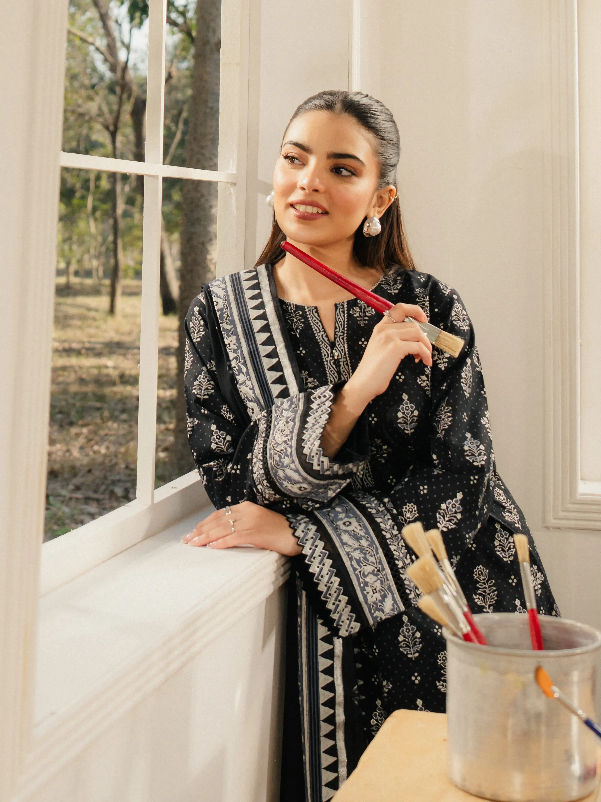 Unstitched Block Print Cambric Suit - EWU5M1-006-3P - Image 2