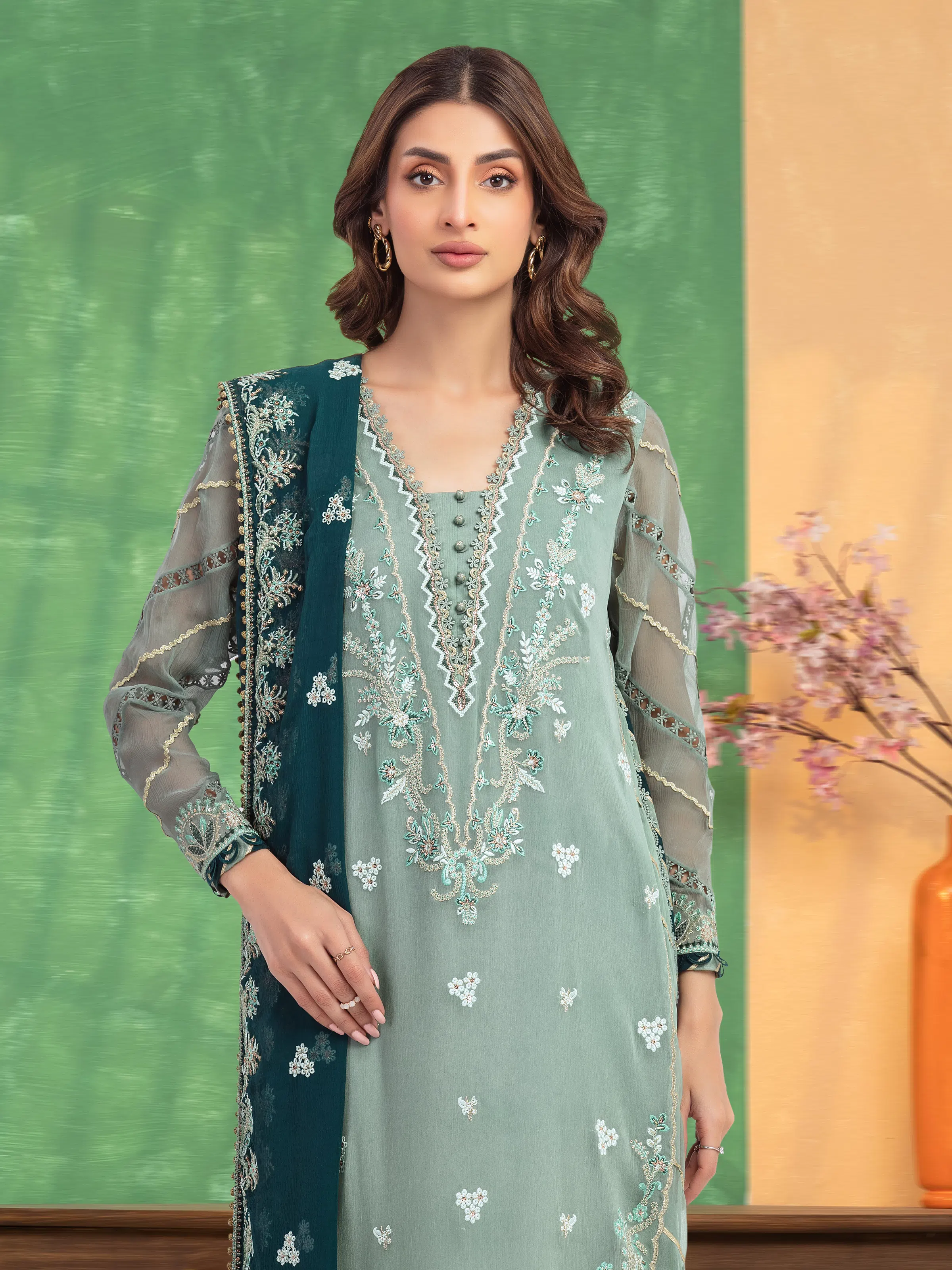 Unstitched Embroidered Chiffon Suit - EWU5V5-31307-3P - Image 2