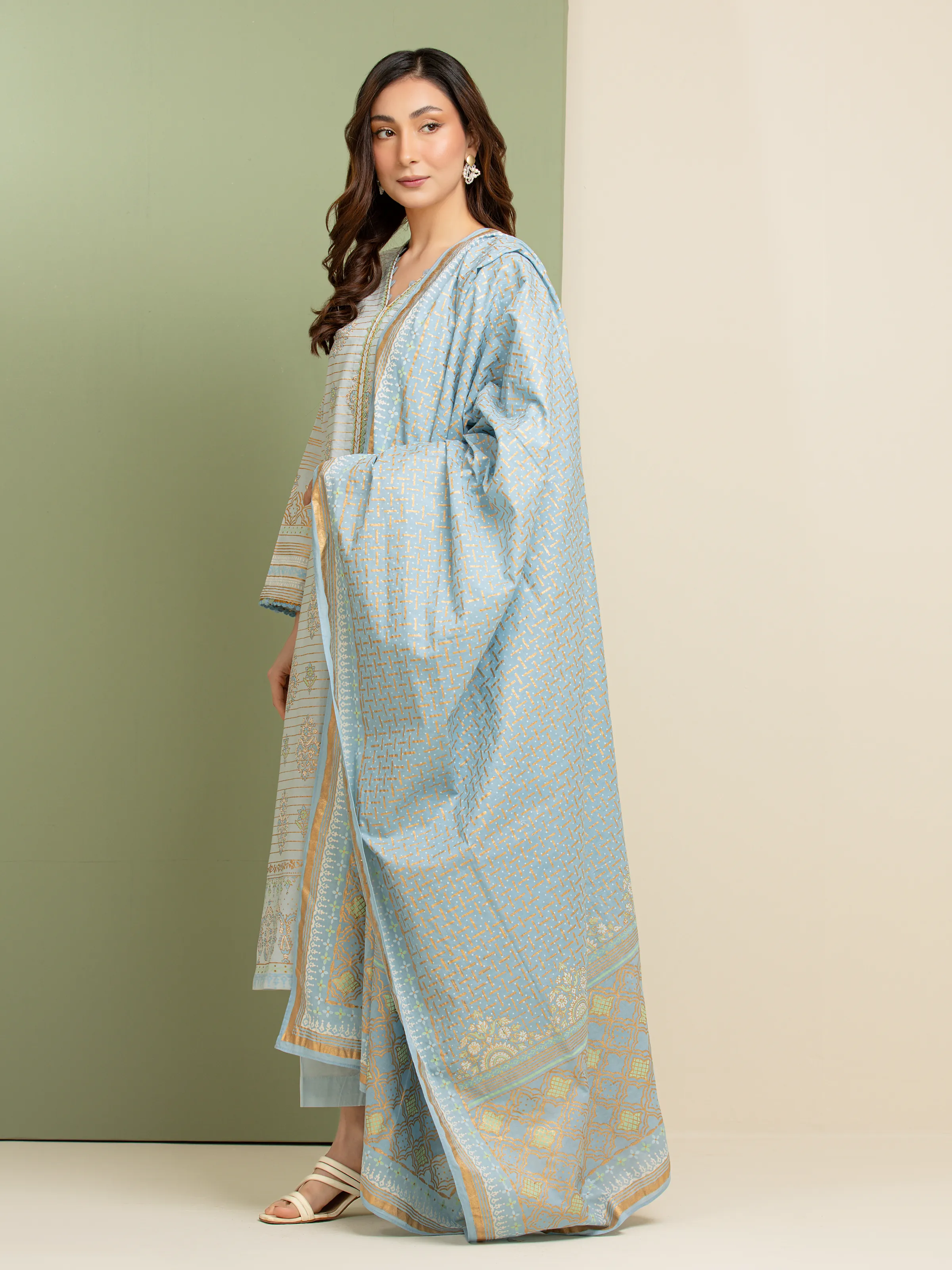 Unstitched Block Print Cambric Suit - EWU5M1-031-3P - Image 5
