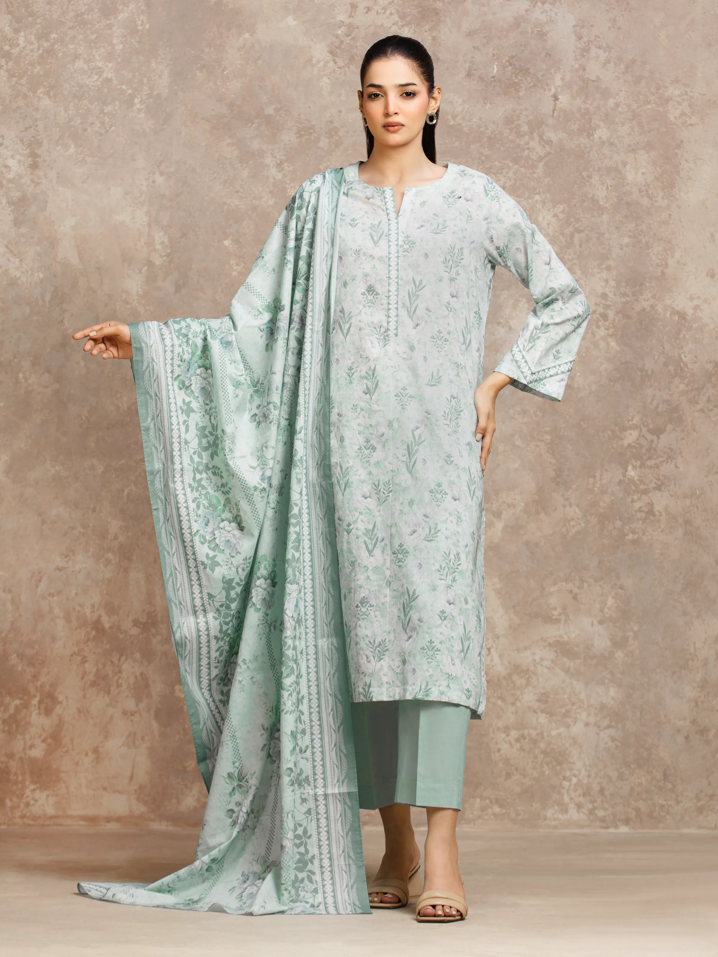 Unstitched Ice Green Printed Lawn Suit - EWU6A1-36522-3P