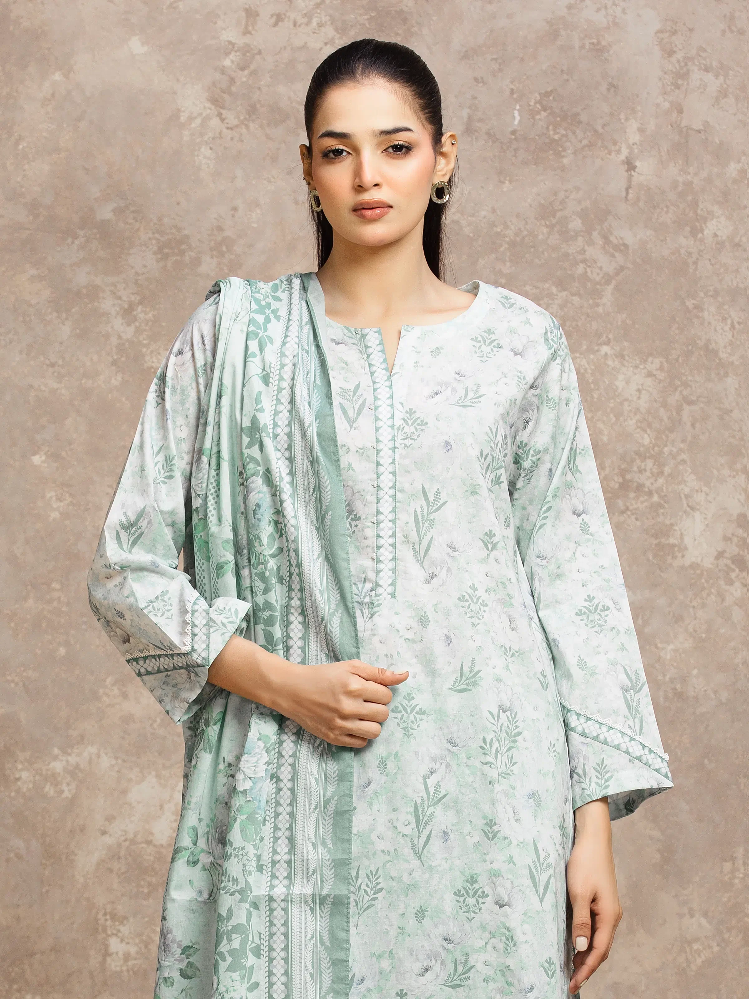 Unstitched Ice Green Printed Lawn Suit - EWU6A1-36522-3P - Image 2
