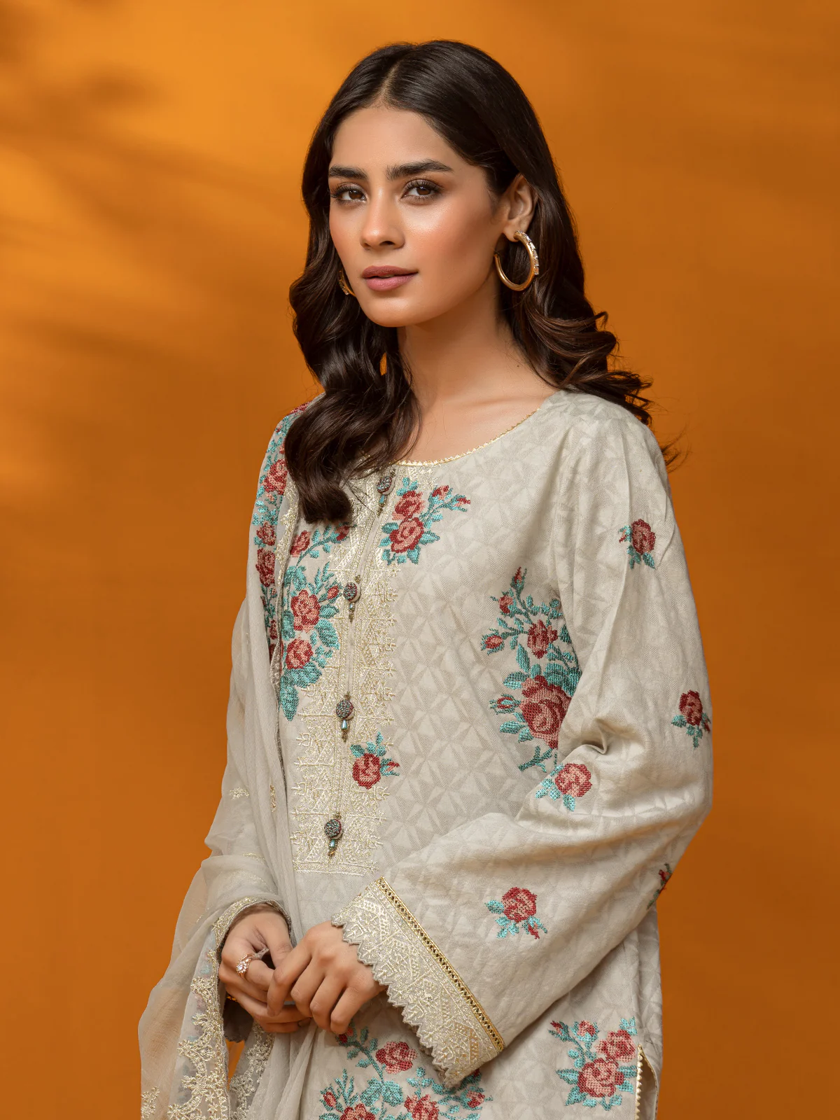 Unstitched Embroidered Dobby Shirt Dupatta - EWU23V7-26625SD - Image 4