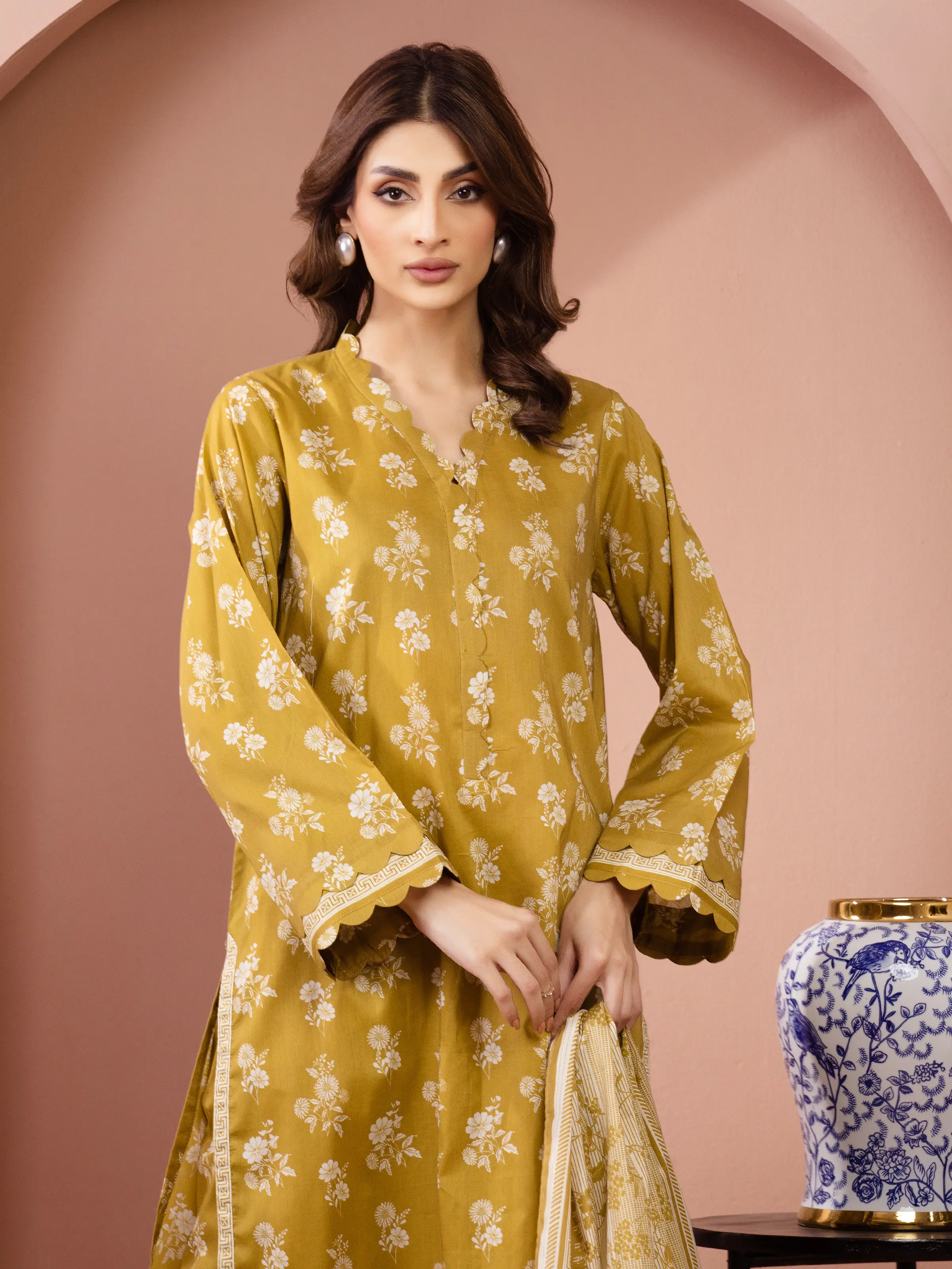 Unstitched Light Olive Printed Lawn Suit - EWU6A1-36510-3P - Image 2