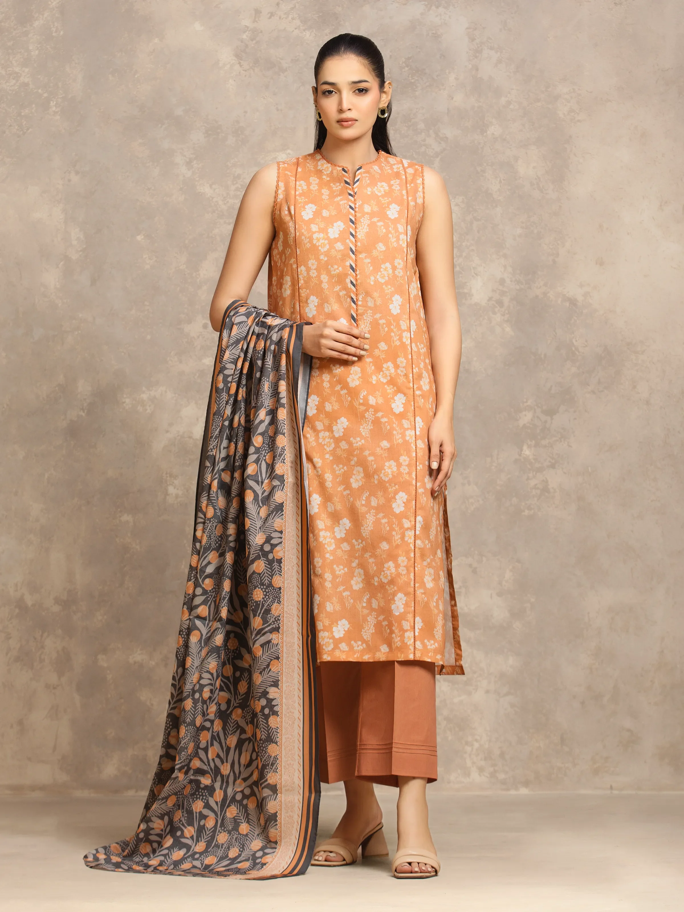 Unstitched Light Orange Printed Lawn Suit - EWU6A1-36561-3P