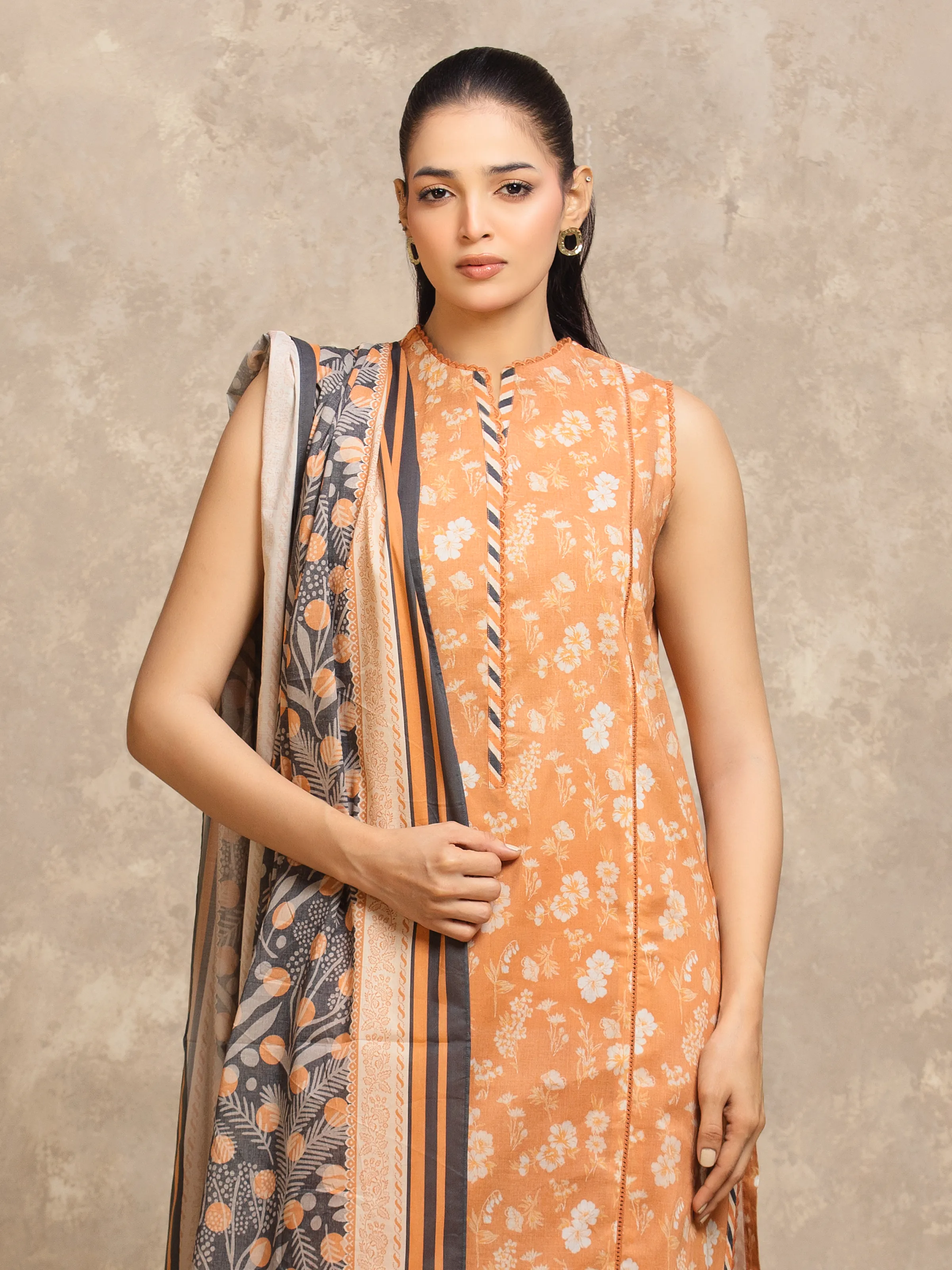 Unstitched Light Orange Printed Lawn Suit - EWU6A1-36561-3P - Image 2