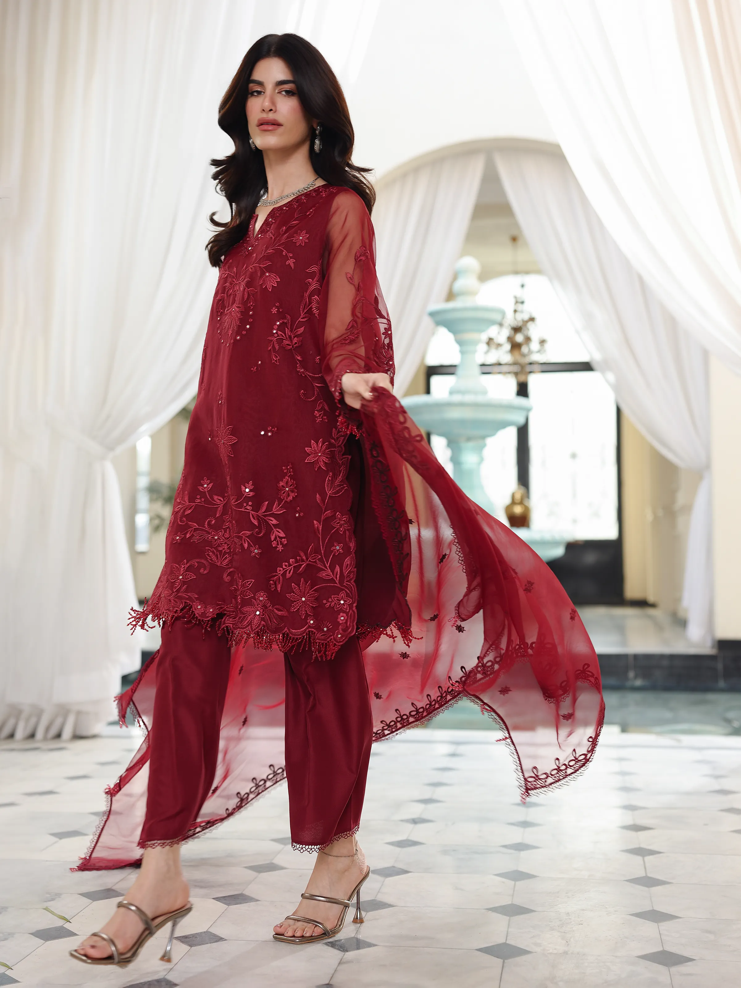 Unstitched Embroidered Organza Suit - EWU5V4-31265-3P - Image 5