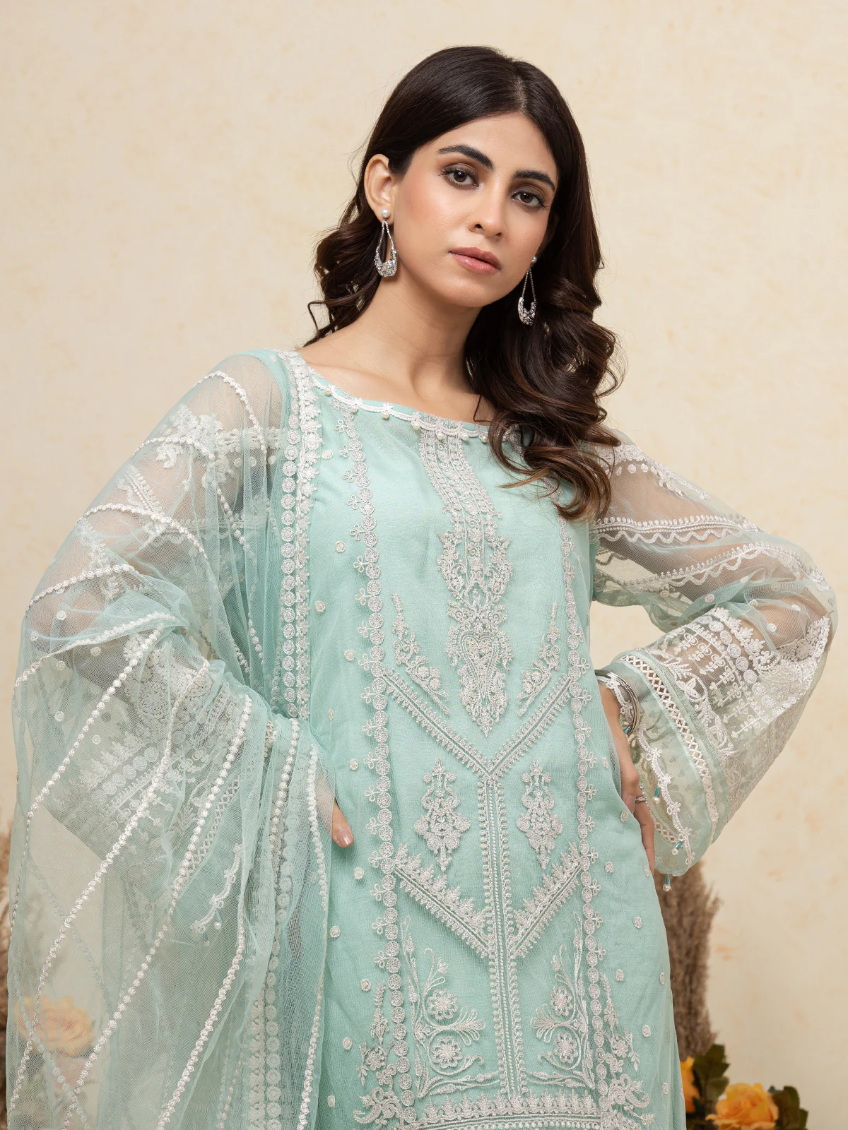 Unstitched Embroidered Net Shirt Trouser - EWU23V15-26655ST - Image 3
