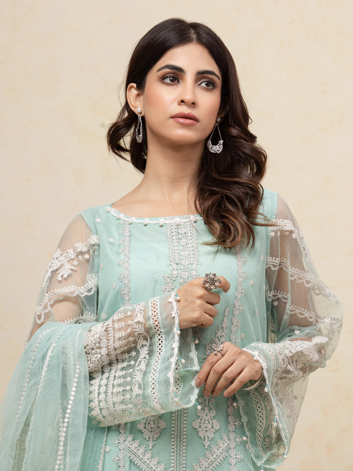 Unstitched Embroidered Net Shirt Trouser - EWU23V15-26655ST - Image 4