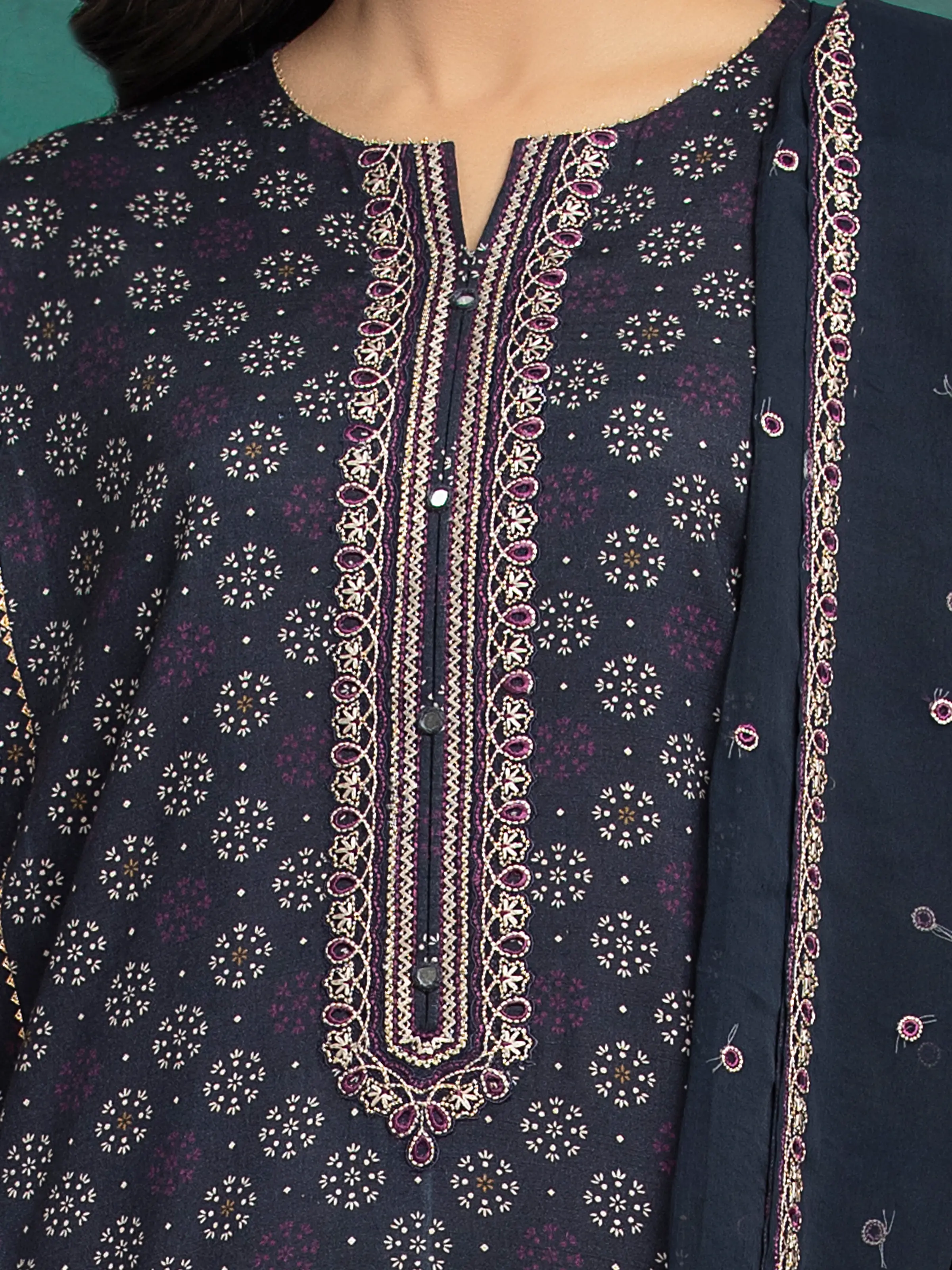 Unstitched Embroidered Raw Silk Suit - EWU5V16-30225-3P - Image 3