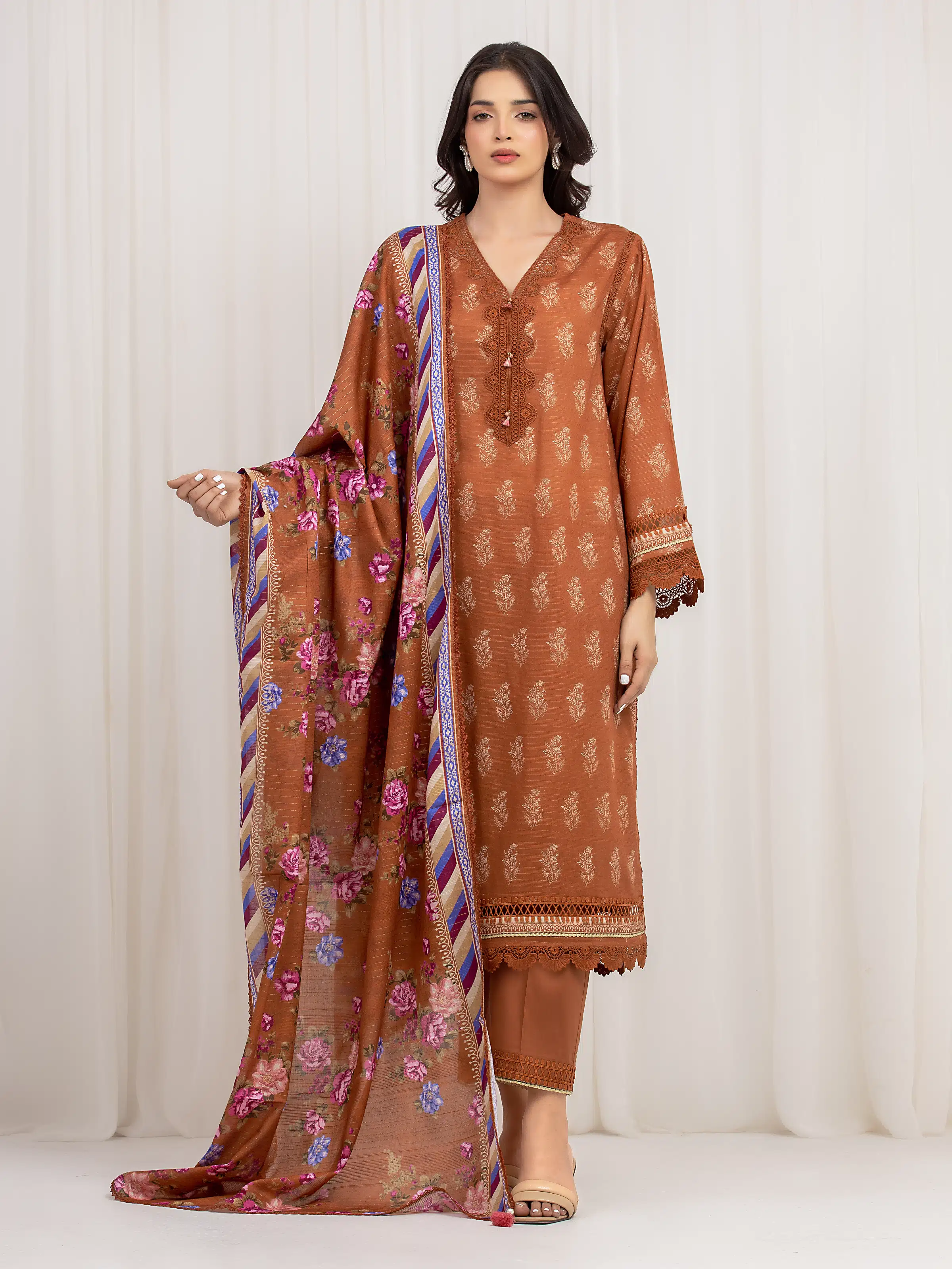 Unstitched Orange Printed Zari Lawn Suit - EWU6M6-007-3P