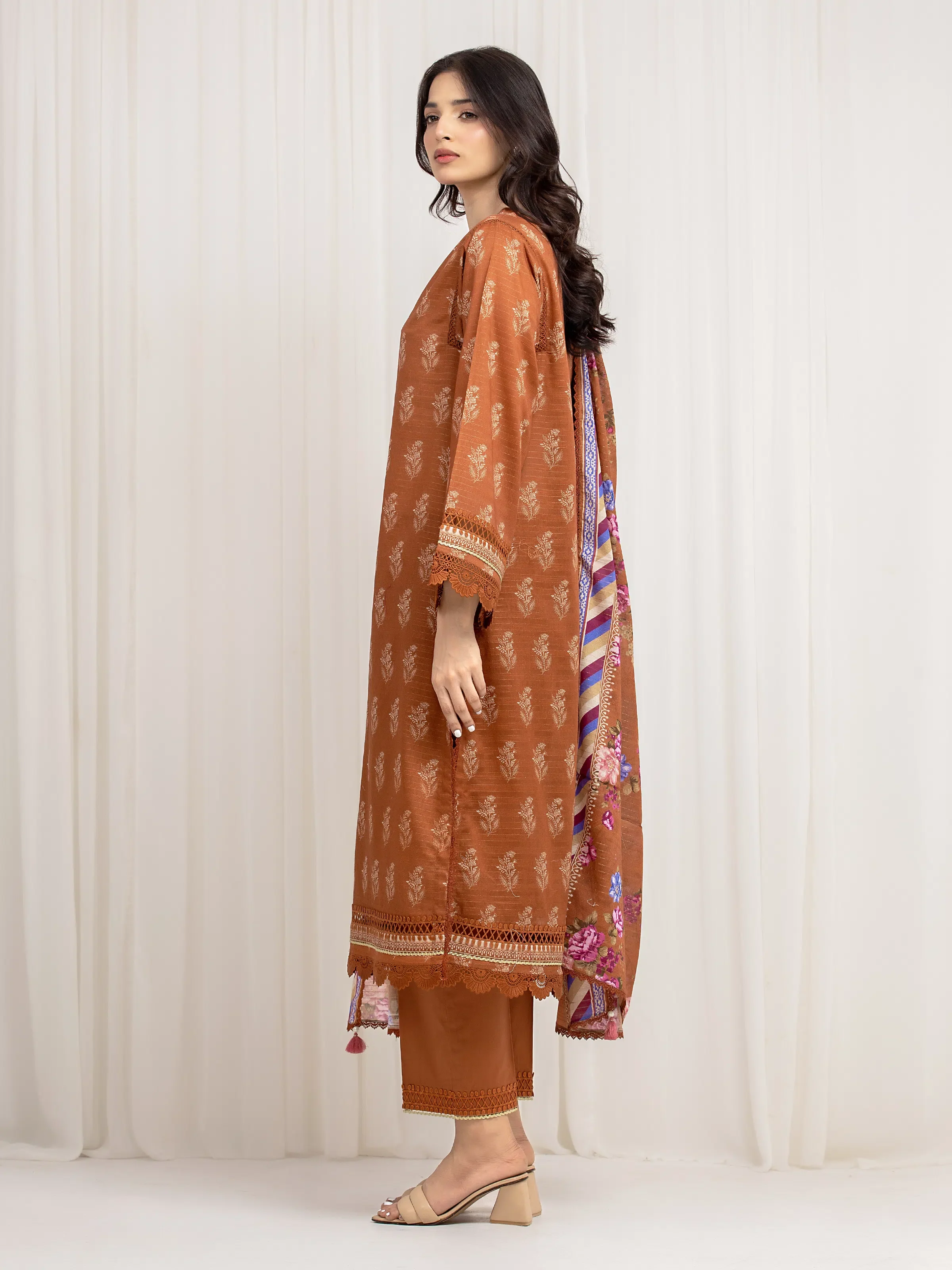 Unstitched Orange Printed Zari Lawn Suit - EWU6M6-007-3P - Image 5