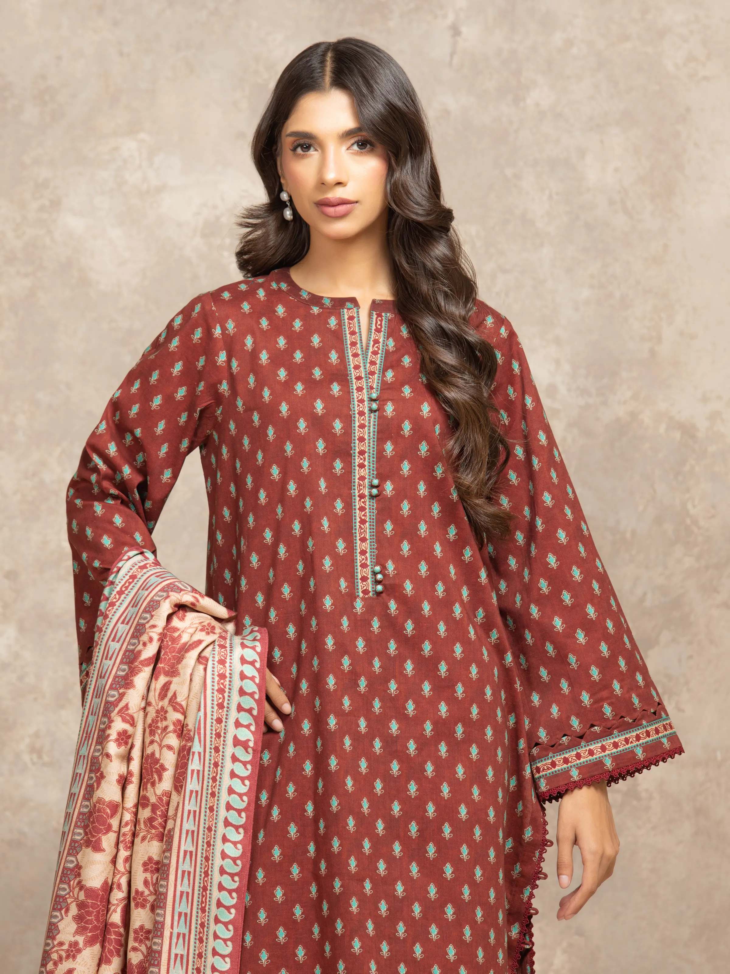 Unstitched Printed Khaddar Shirt Dupatta - EWU5M3-009SD - Image 2