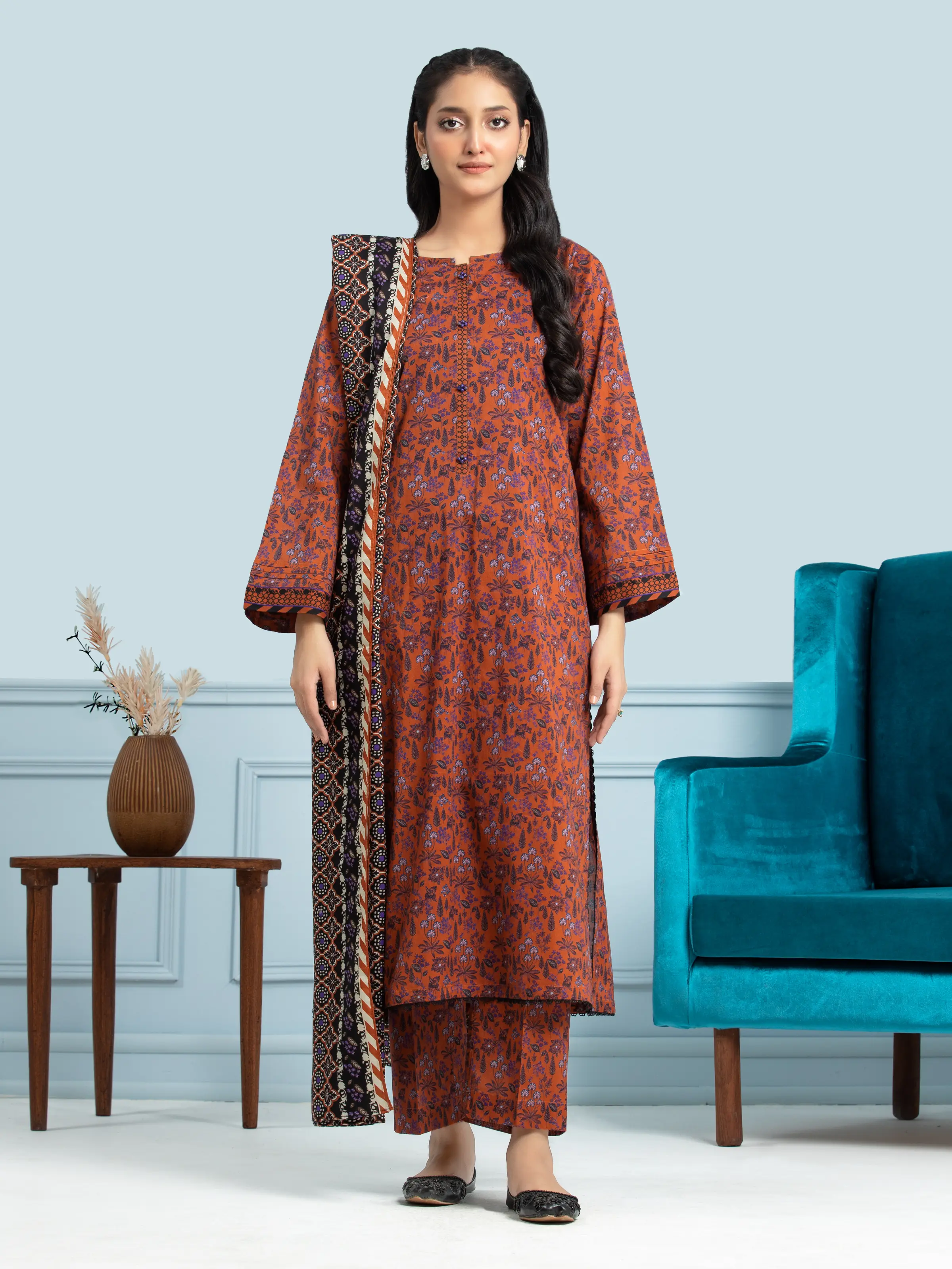 Unstitched Printed Khaddar Shirt Dupatta - EWU24A3-29707SD