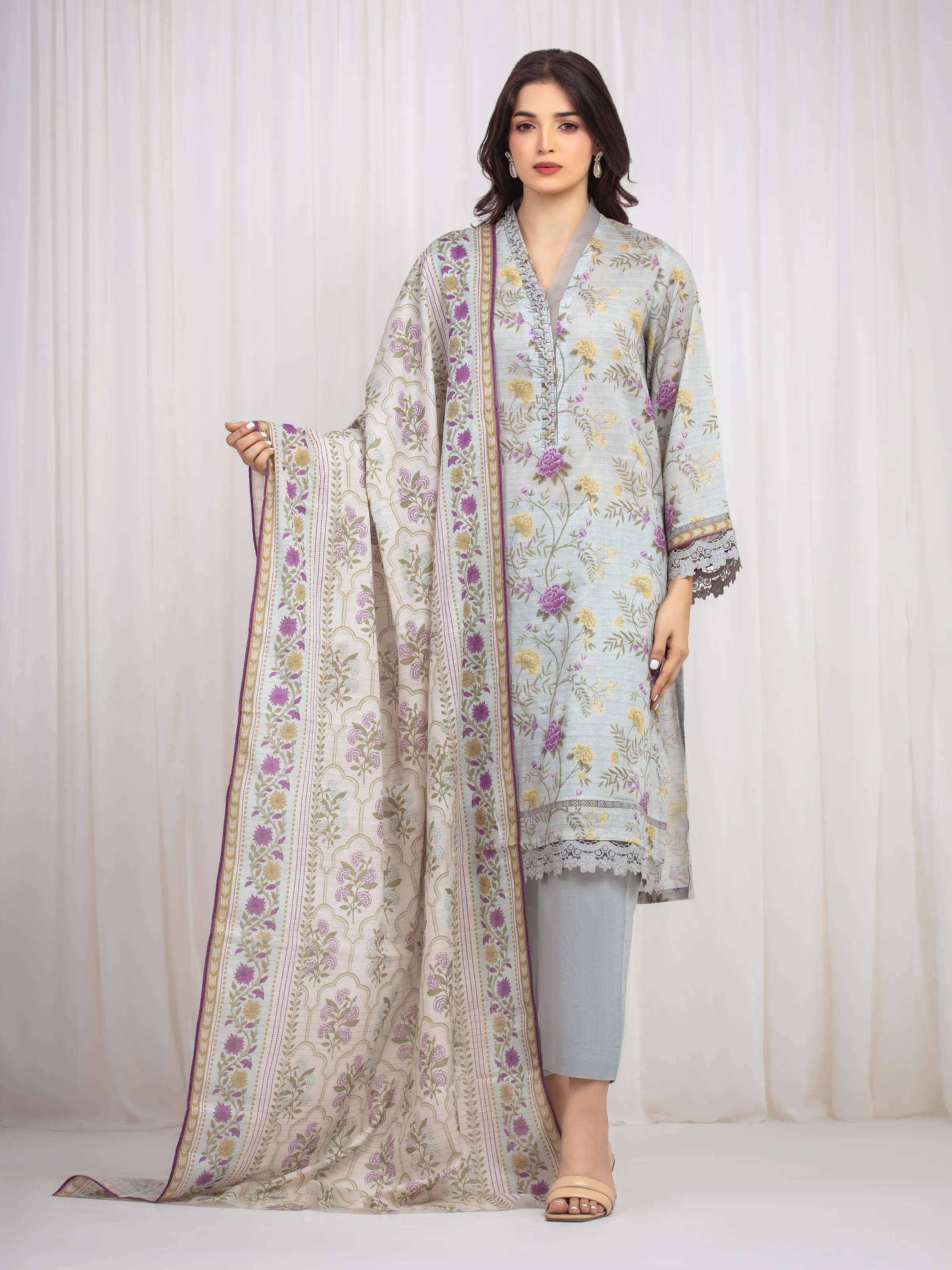 Unstitched Printed Zari Lawn Suit - EWU6M6-016-3P Ice Green
