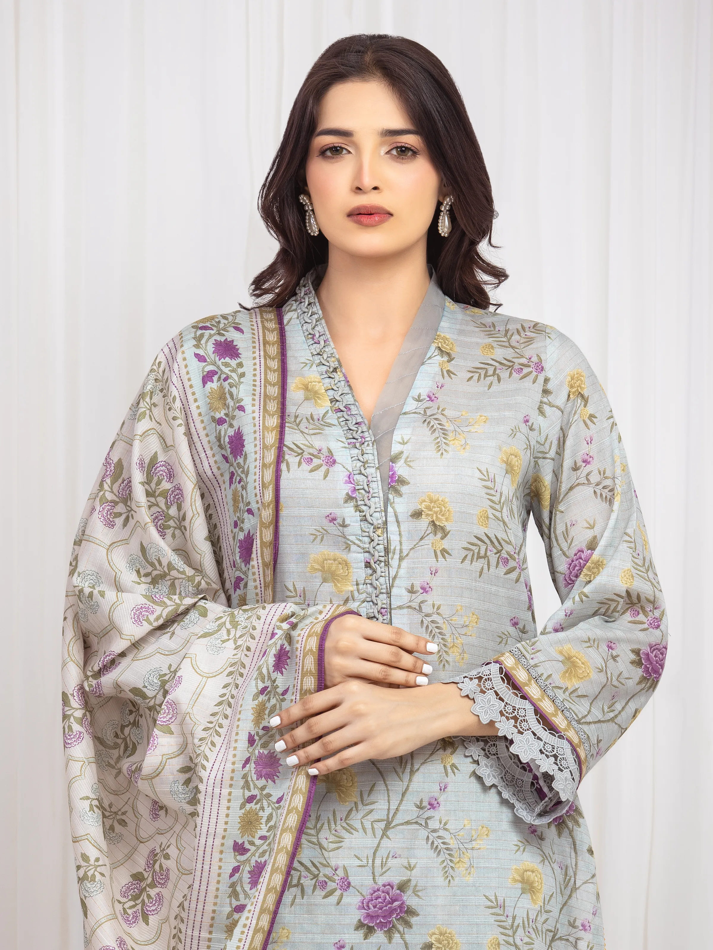 Unstitched Printed Zari Lawn Suit - EWU6M6-016-3P Ice Green - Image 2