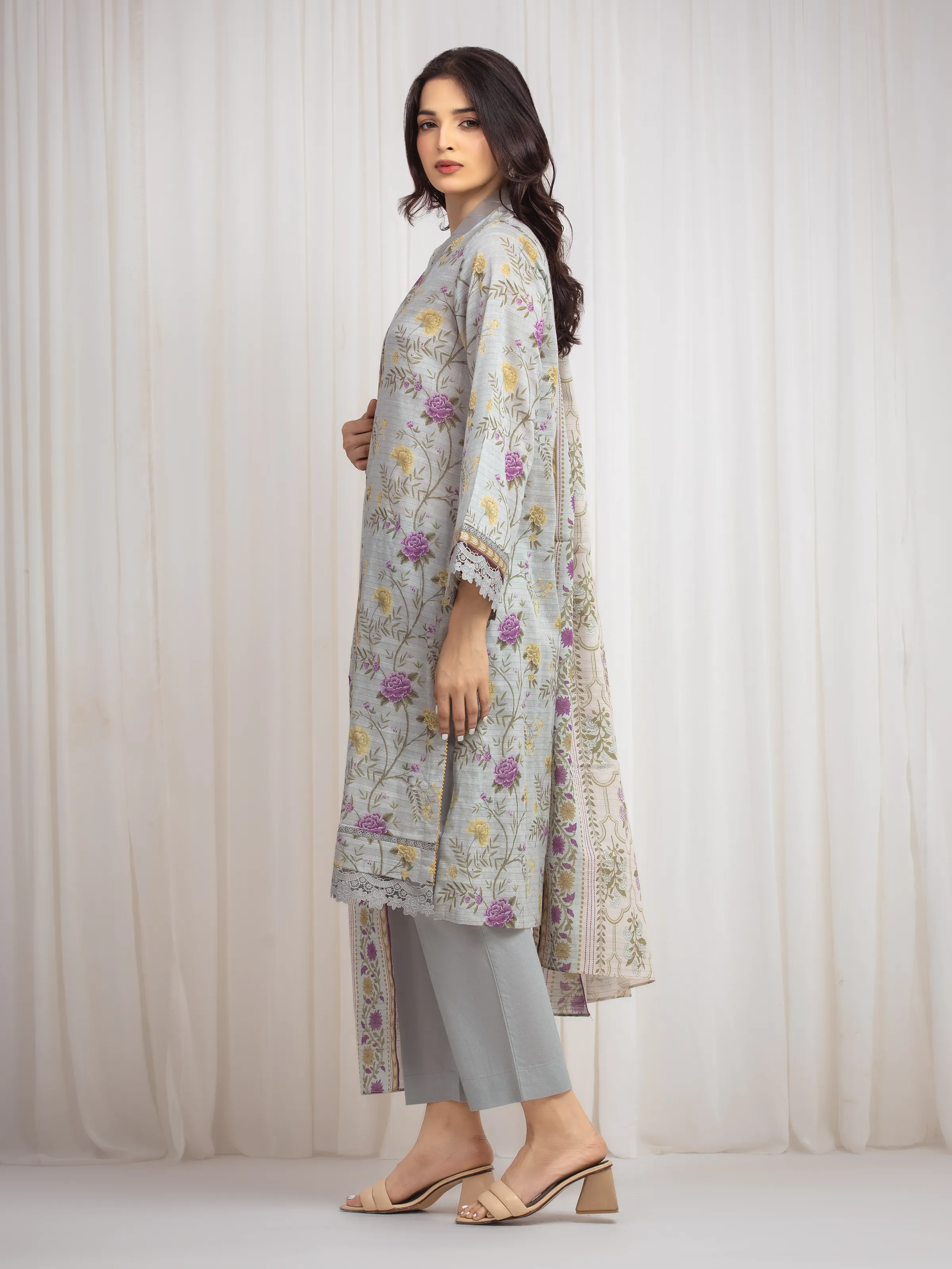 Unstitched Printed Zari Lawn Suit - EWU6M6-016-3P Ice Green - Image 5
