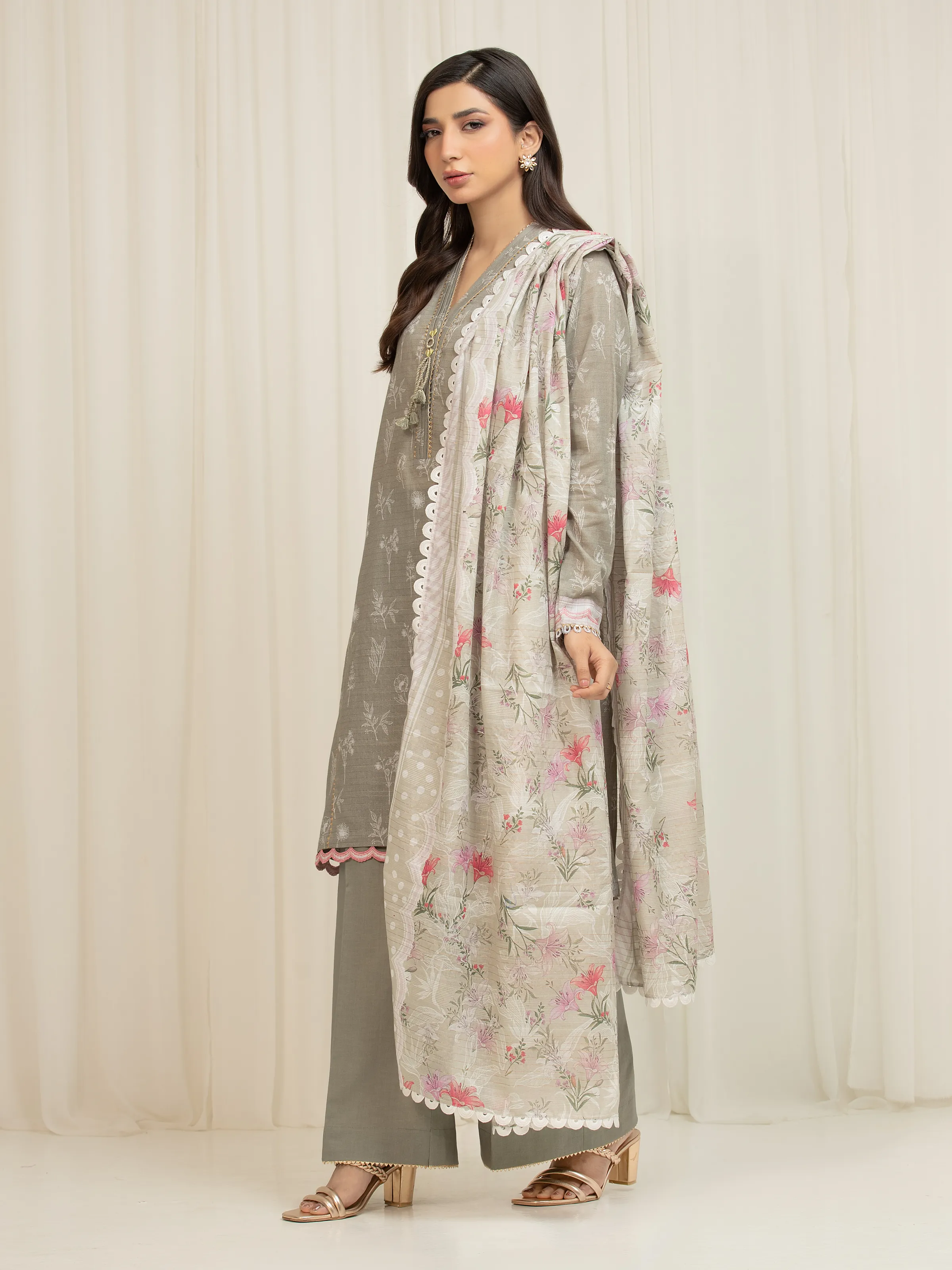 Unstitched Printed Zari Lawn Suit - EWU6M6-040-3P - Image 5