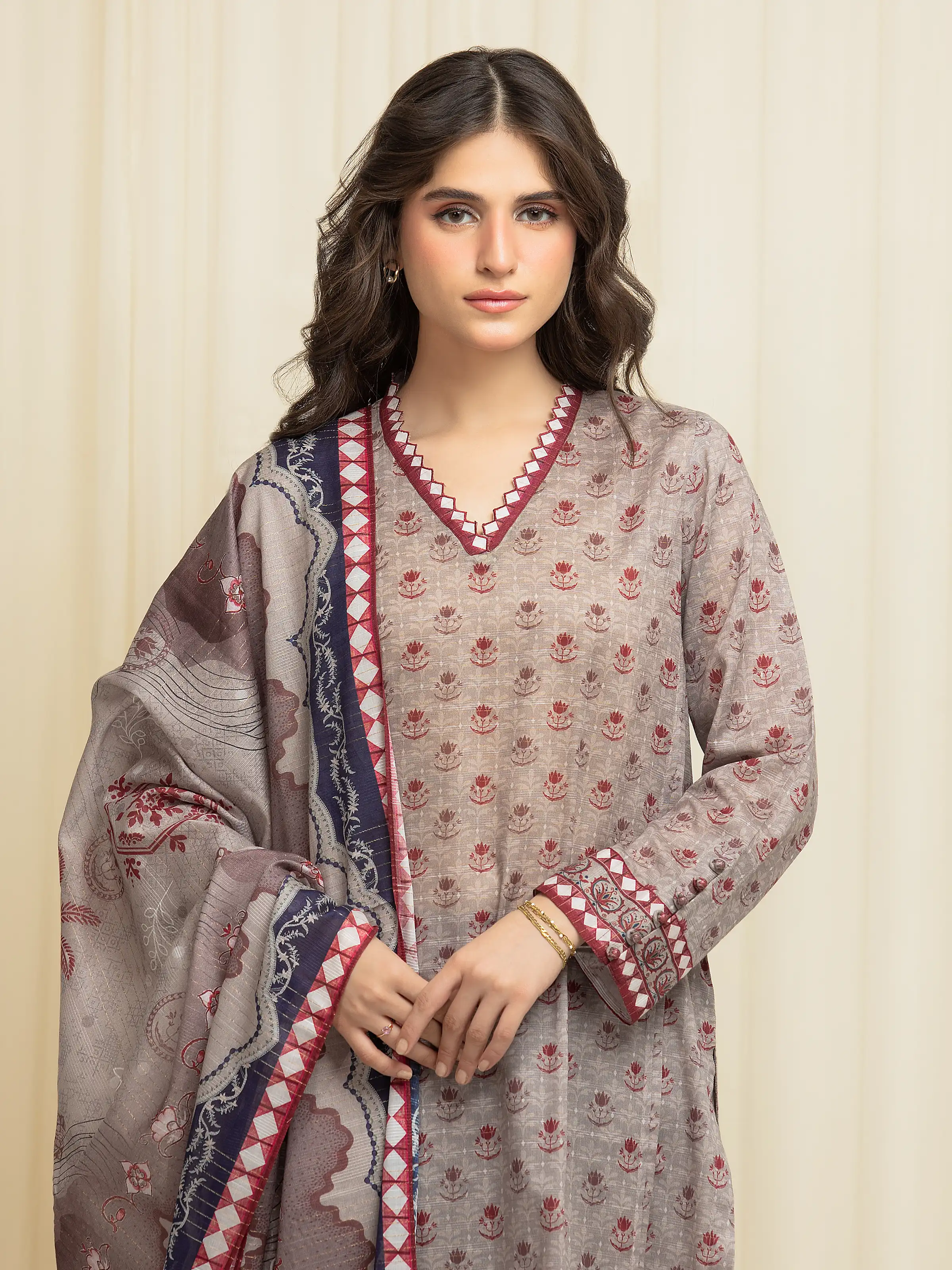 Unstitched Printed Zari Lawn Suit - EWU6M6-039-3P - Image 2